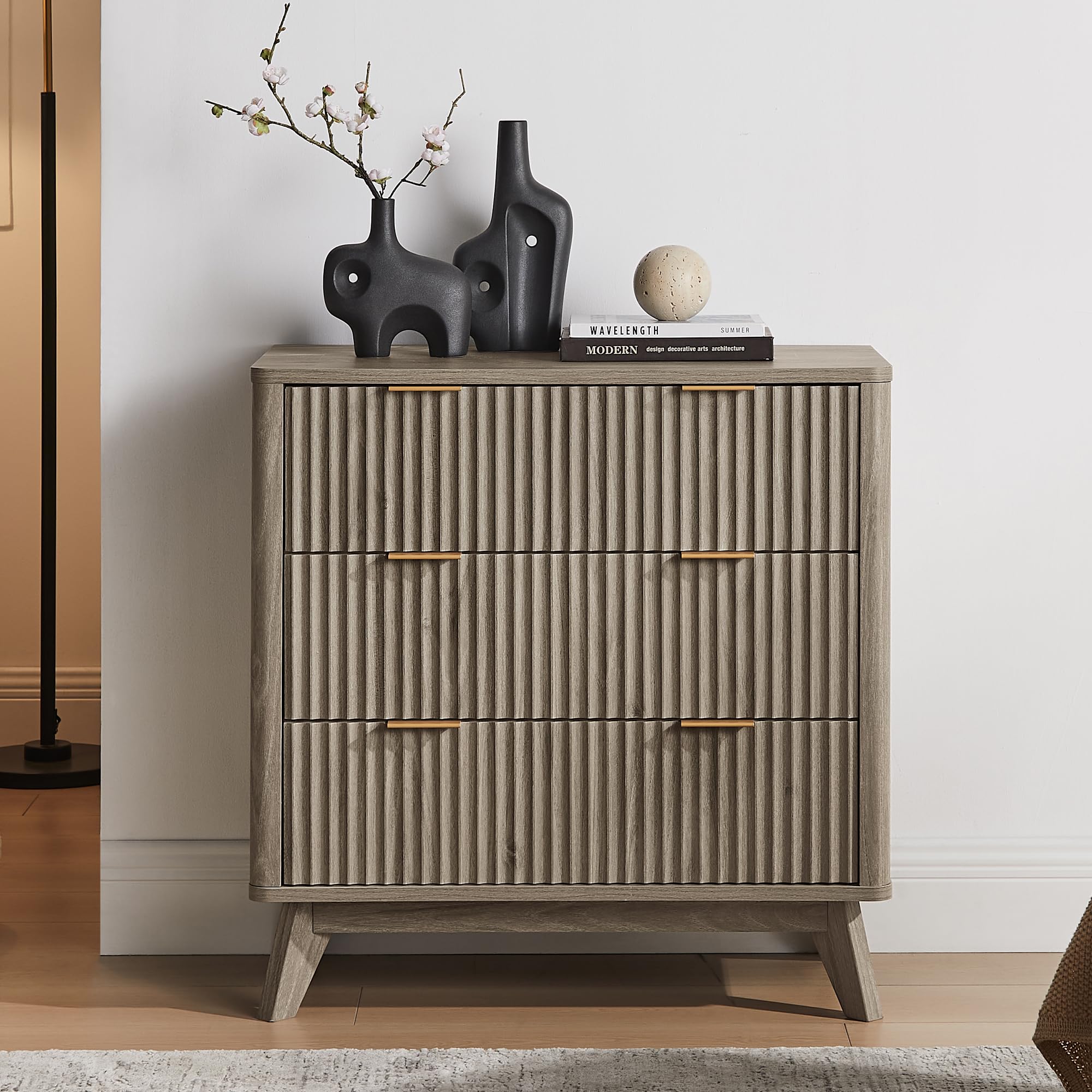 t4tream fluted 3 drawer dresser, 32" tall modern chest of drawers, curved profile design, wood drawer organizer for bedroom, living room, hallway, entryway, grey alder