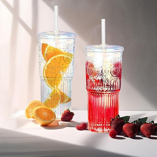 Miniatura 6 de Bandesun Taza de café helado de vidrio con tapas y popotes, vaso de vidrio de borosilicato de 24 onzas arcoíris para bebidas de jugo de batido de