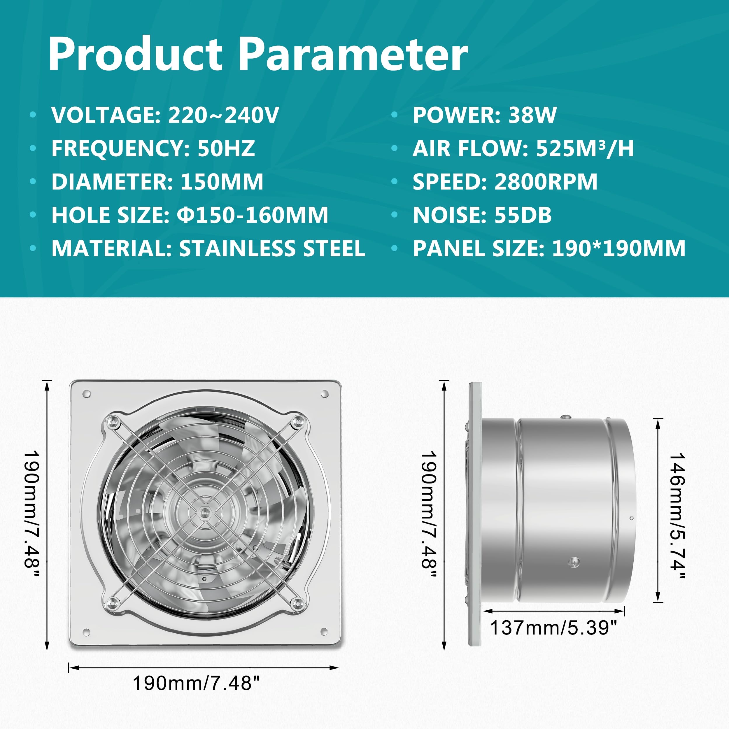HG Power 150mm Ventola Aspirazione 525 m³/h Industriale Estrattore per Bagno Cucina Ventilazione, Circolazione dell'aria con Spina EU, Argenteo
