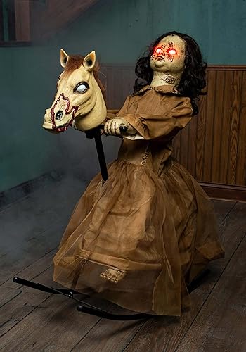 Miniatura 8 de Fun Costumes Muñeca animatrónica embrujada de 3.5 pies, muñecas espeluznantes, decoraciones de Halloween, caballo mecedor de aspecto antiguo, ojos