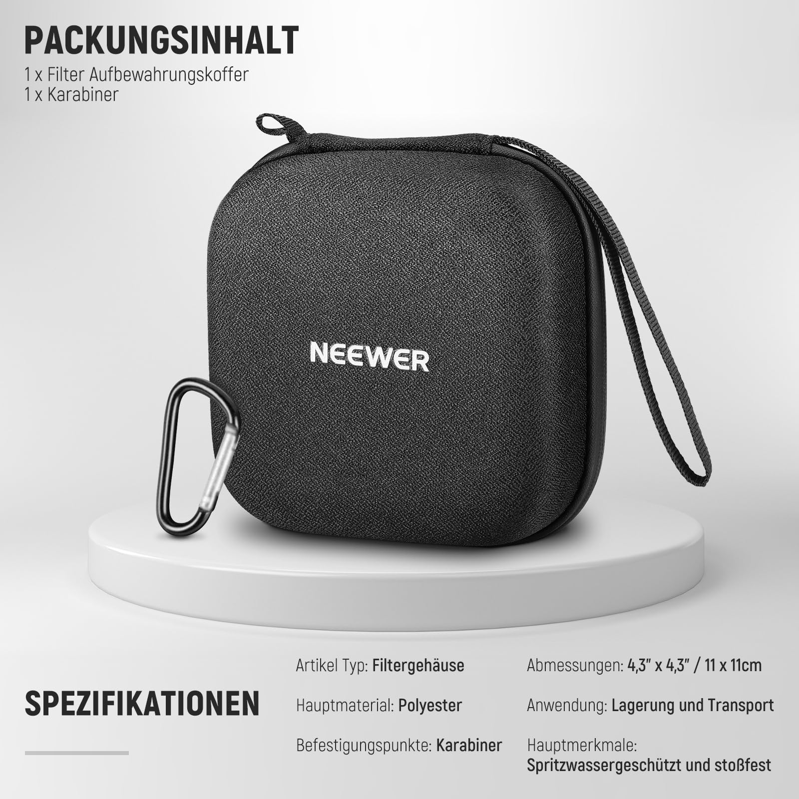 NEEWER PB12 11 x 11cm Filter Aufbewahrungstasche mit erweiterbaren Unterteilungen, Handschlaufe und Karabiner für 4 Rundfilter 86mm