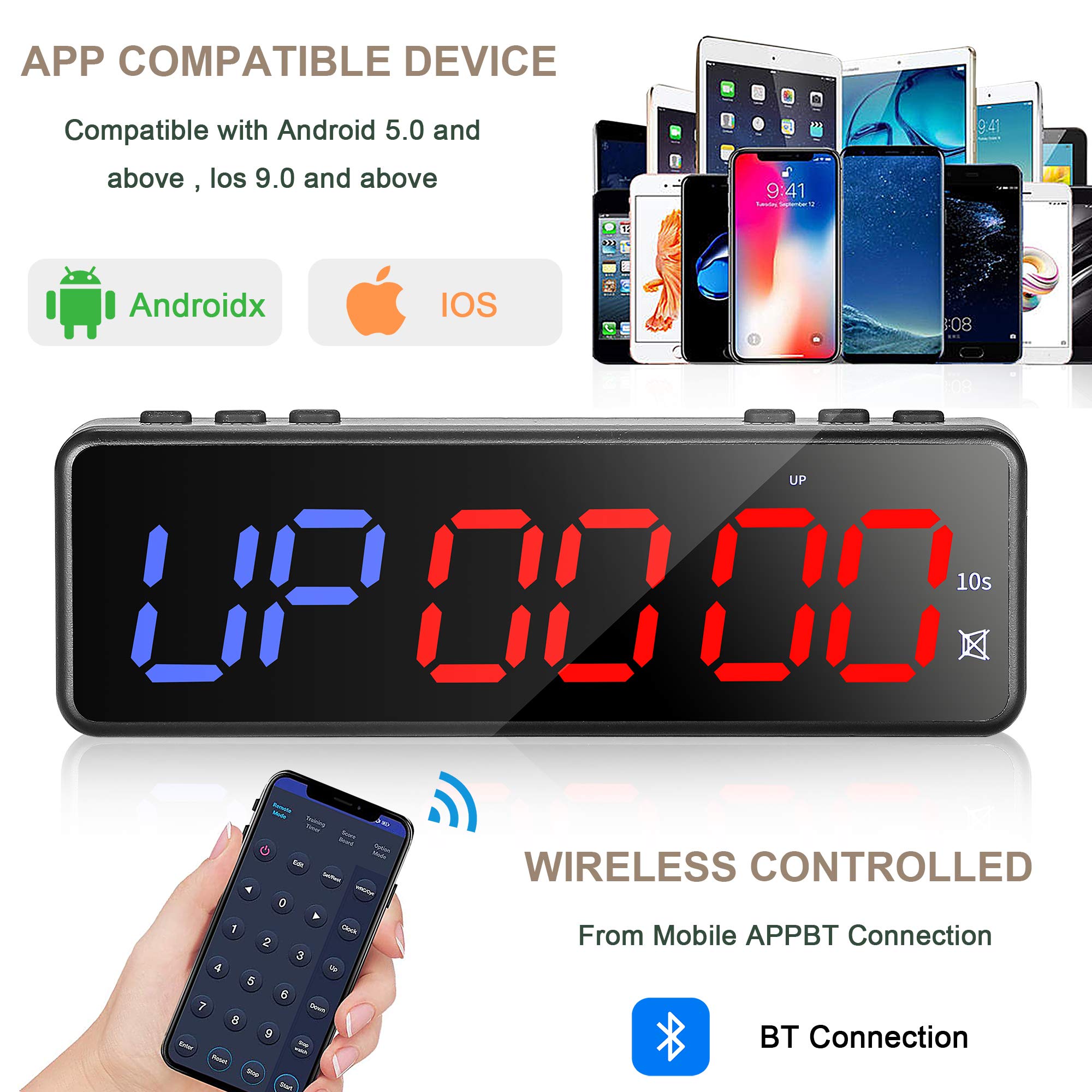 Timer a LED per allenamento e palestra, timer magnetico posteriore programmabile per allenamento fitness con telecomando, cronometro per TABATA FGB (blu+rosso+APP BT)