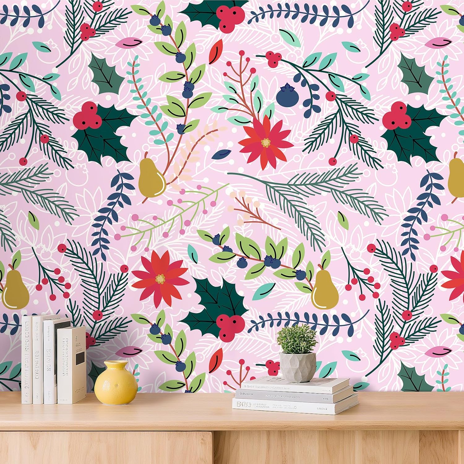 ReWallpaper Pink Floral Wallpaper Peel and Stick Berries Pine Holly Floral Contact Paper for Accent Wall Girls Bedroom Nursery Playroom Removable Wallpaper Holiday Christmas Home Decor 17.5in x 10ft