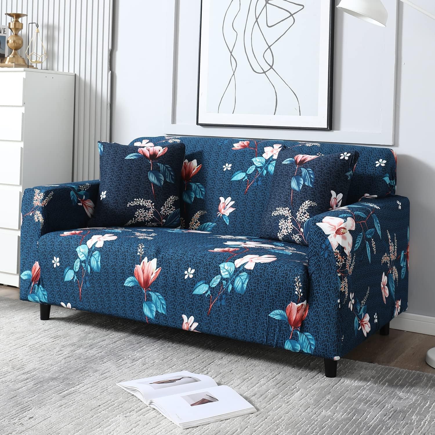 Stretch Sofa Cover, Geometric Print, Elastic Slipcover for 3 Seater, Spandex Fabric, Living Room Furniture Protector (Blue)-image-28