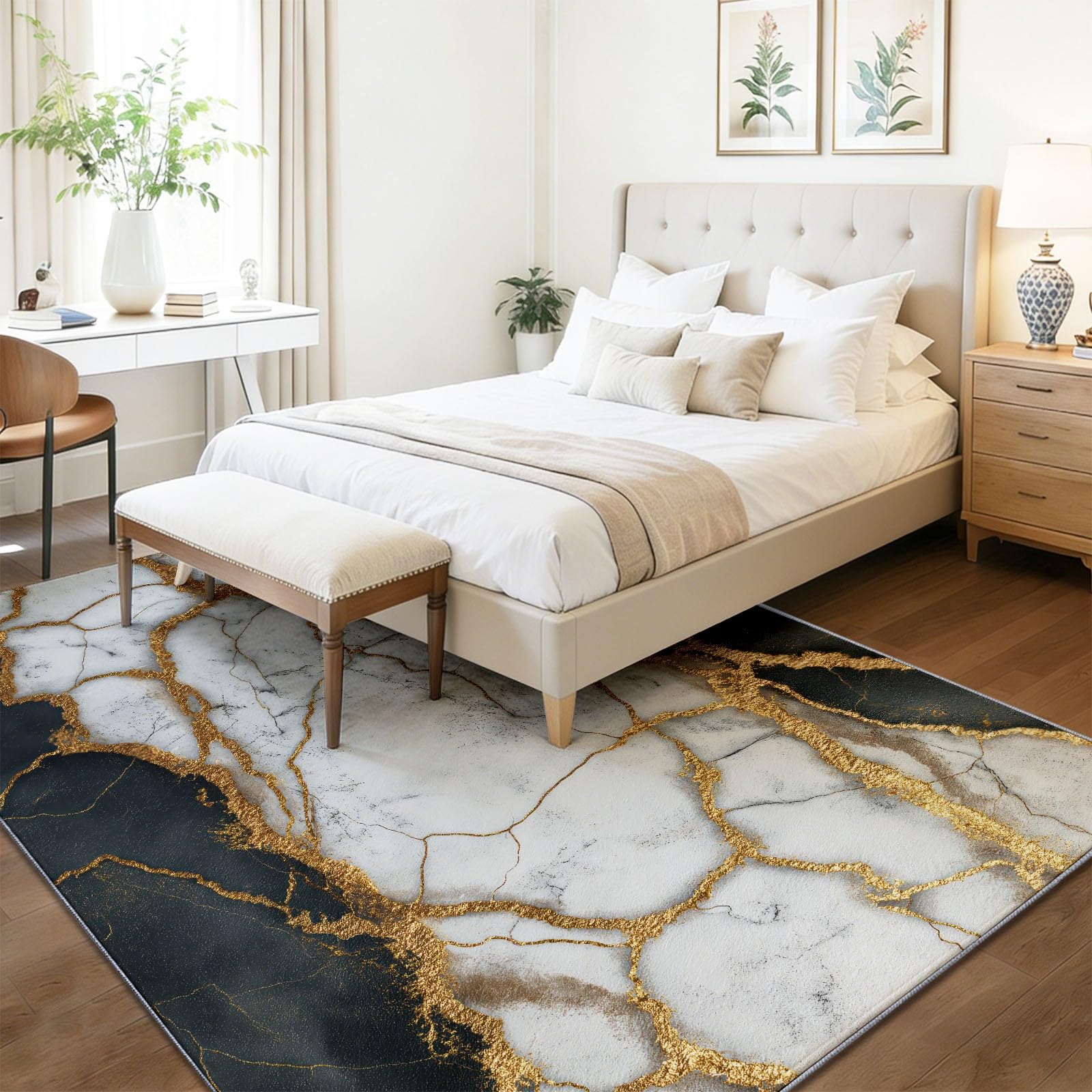 Luksusowy, zmywalny dywan do salonu, 160 x 230 cm, antypoślizgowy, duży, do sypialni, złoty marmur, żyłki, niski runo, dywan do kuchni, jadalni, biura