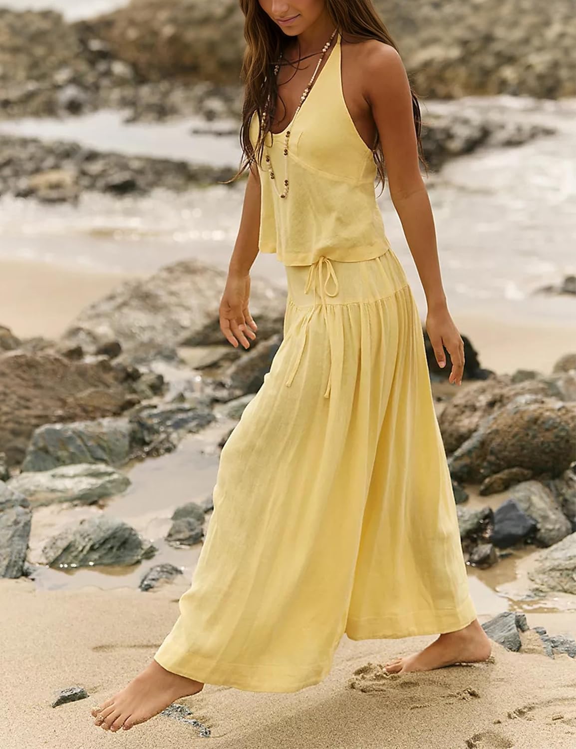 Women 2 Piece Skirt Set Summer V Neck Backless Halter Cami Crop Top and Flowy A Line Maxi Skirt Trendy Matching Sets