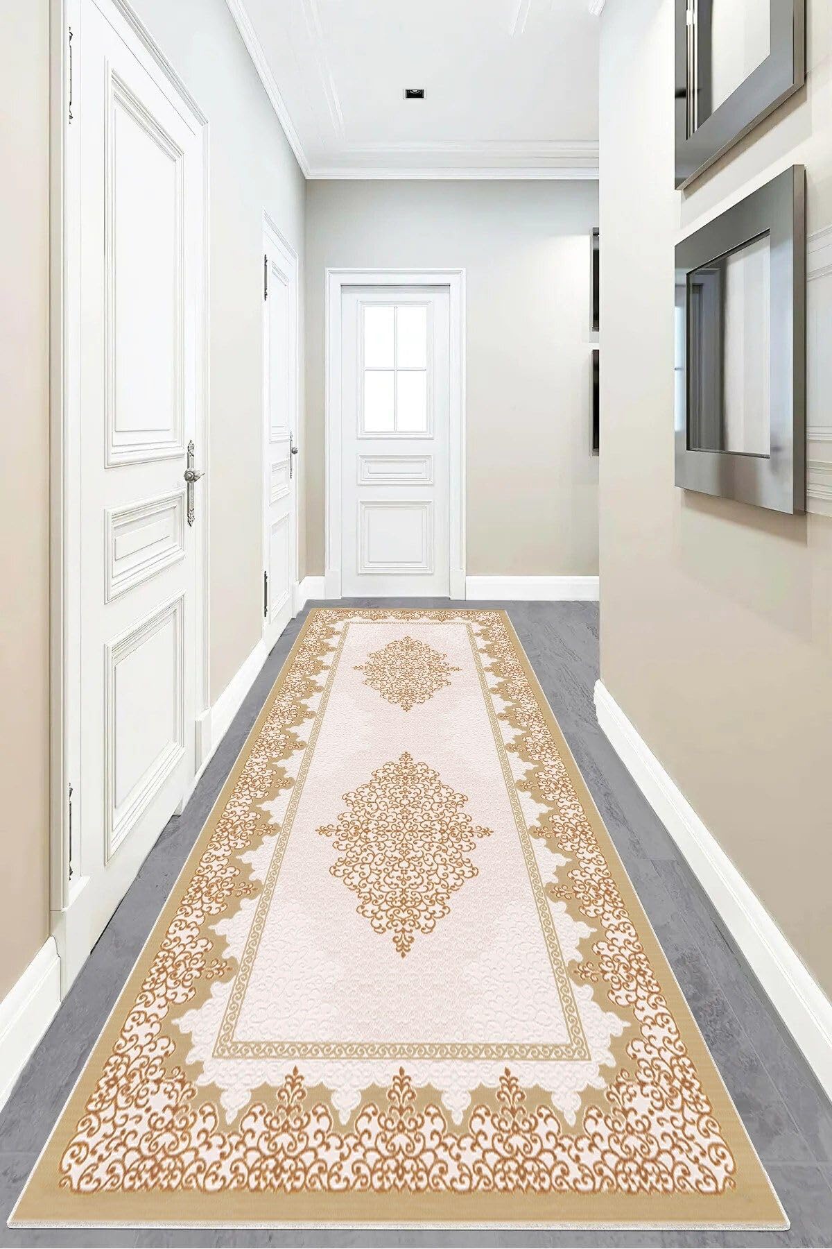 Pelangi Osmanlı Desen Göbekli Dijital Baskı Yıkanabilir Kaymaz Taban Klasik Salon Halı ve Yolluk, Bej 100 x 350, 95543251003507