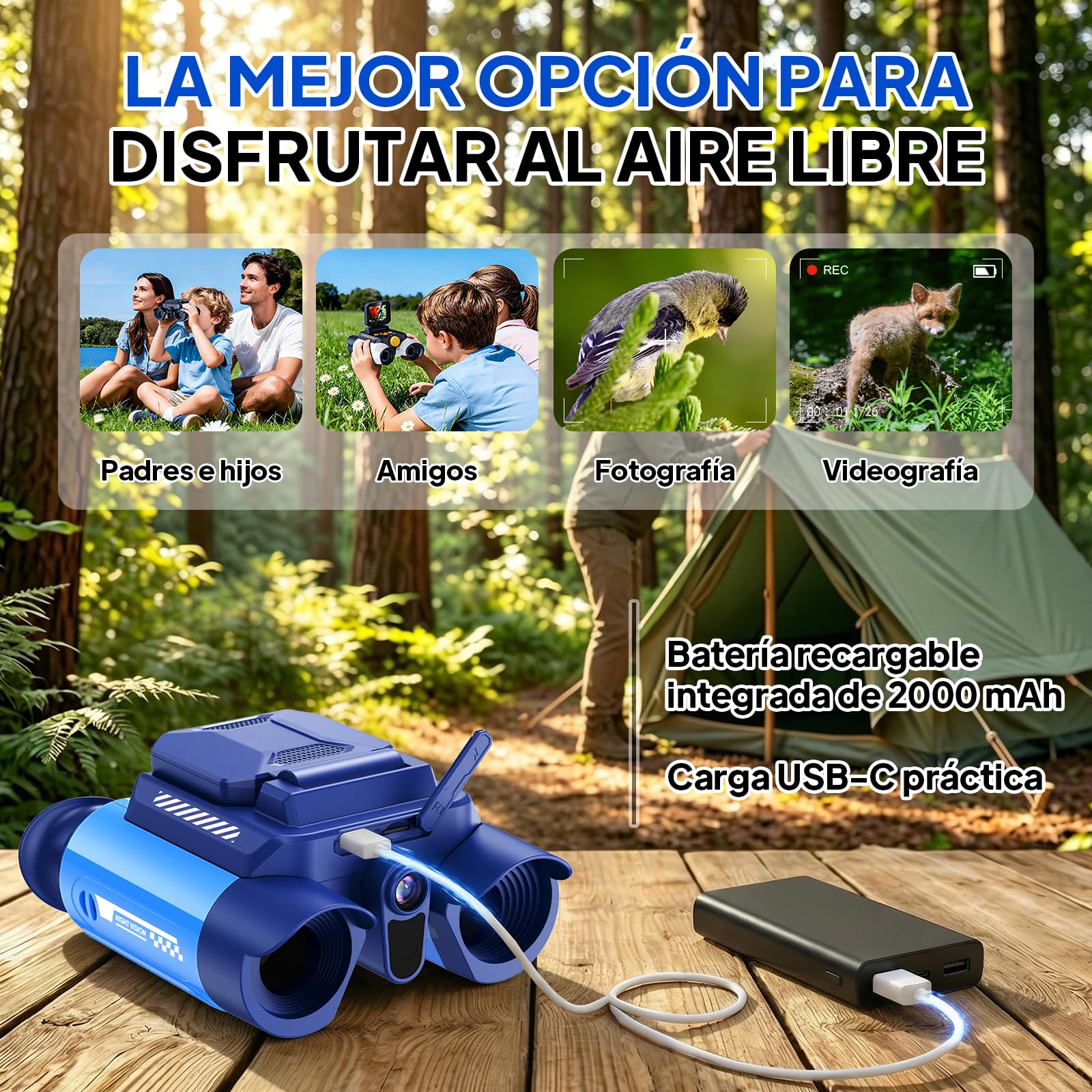 Ashfly Prismáticos Digitales para Niños con Pantalla 2,4", Zoom 10x, Juegos Integrados, Visión Nocturna y Cámara – Juguete Educativo de Exploración, 7+ Años, Azul