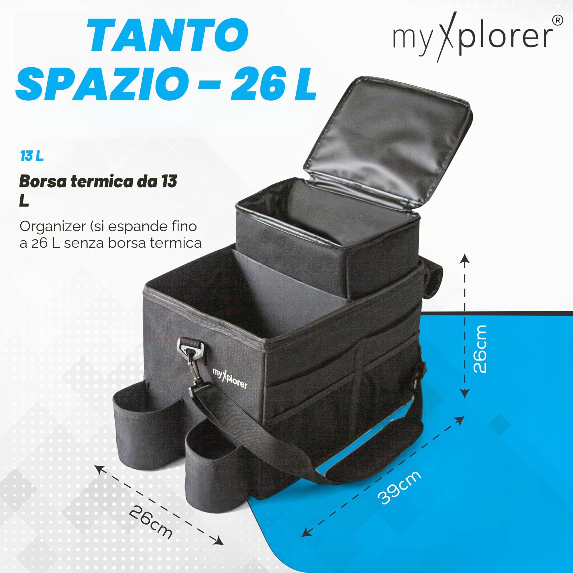 Organizzatore per sedile anteriore per furgone e auto con sacchetto termico, vano portaoggetti multi-scomparto, cinghia di trasporto imbottita, clip antiscivolo, 26 L (nero)