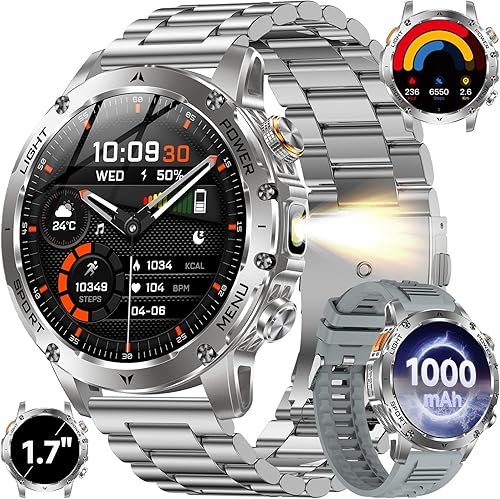 KPEP Military Smart Watches for Men with 2 Straps, 1000mAh Battery/LED Flashlight/IP67 Waterproof Smartwatch, Stress/Blood Oxygen/Heart Rate/Sleep