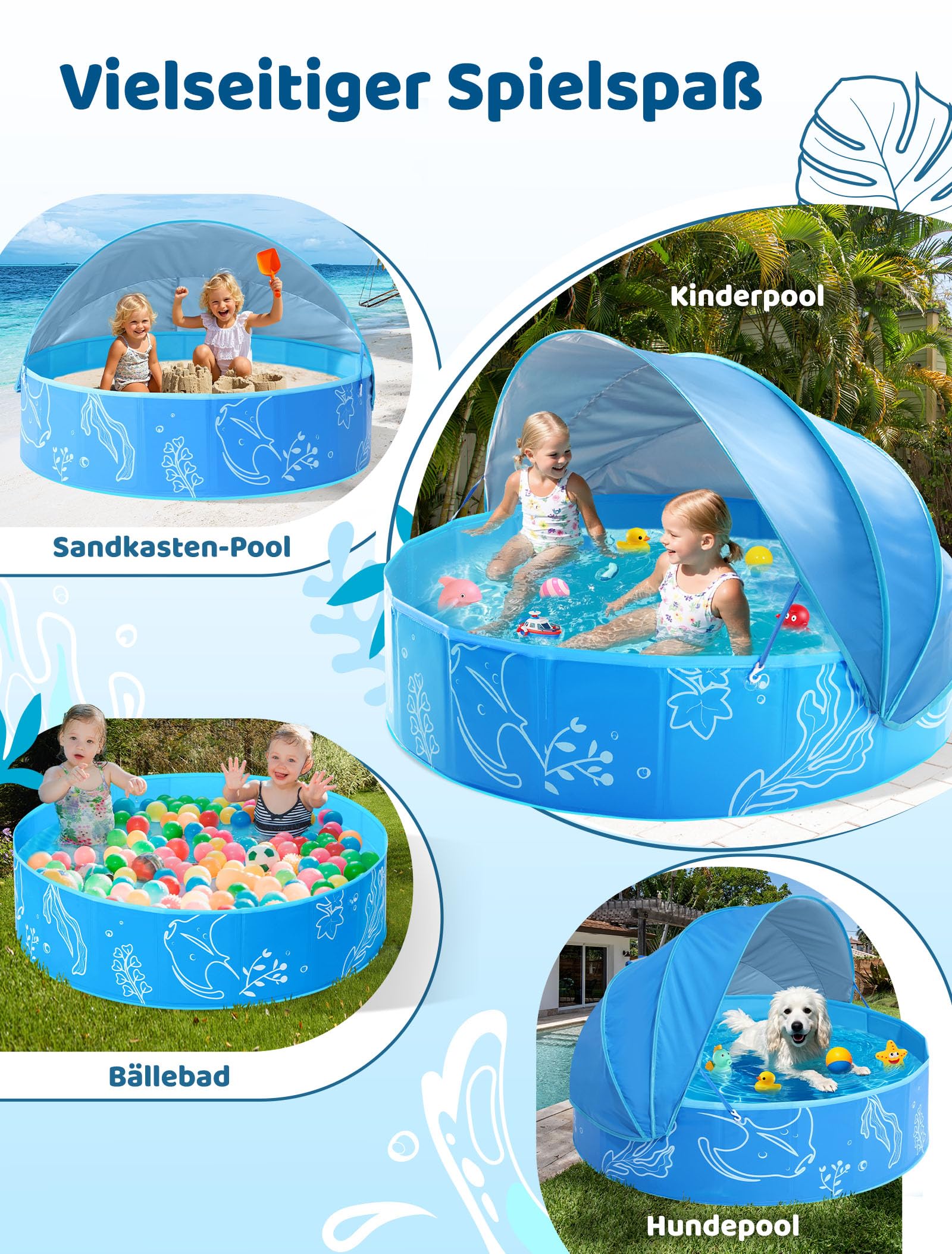Hikiddy Planschbecken mit Schatten 120 cm Pop-Up Splash Pool für Sommer Strand Garten Blau