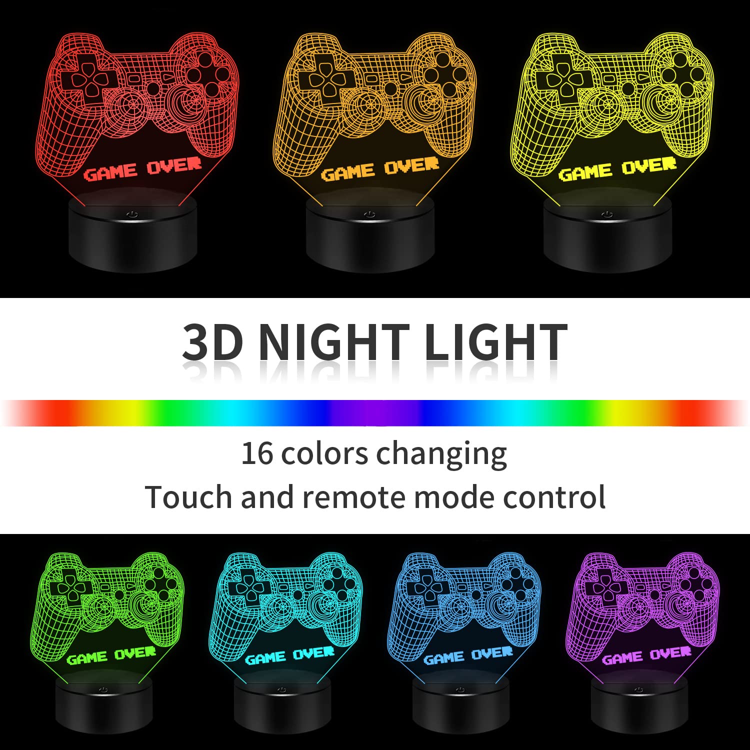 BASSI Luce notturna 3D con controller di gioco sopra la luce, lampada illusione per bambini, decorazione per la stanza dei videogiochi, 16 colori che cambiano con telecomando, regalo di Natale e