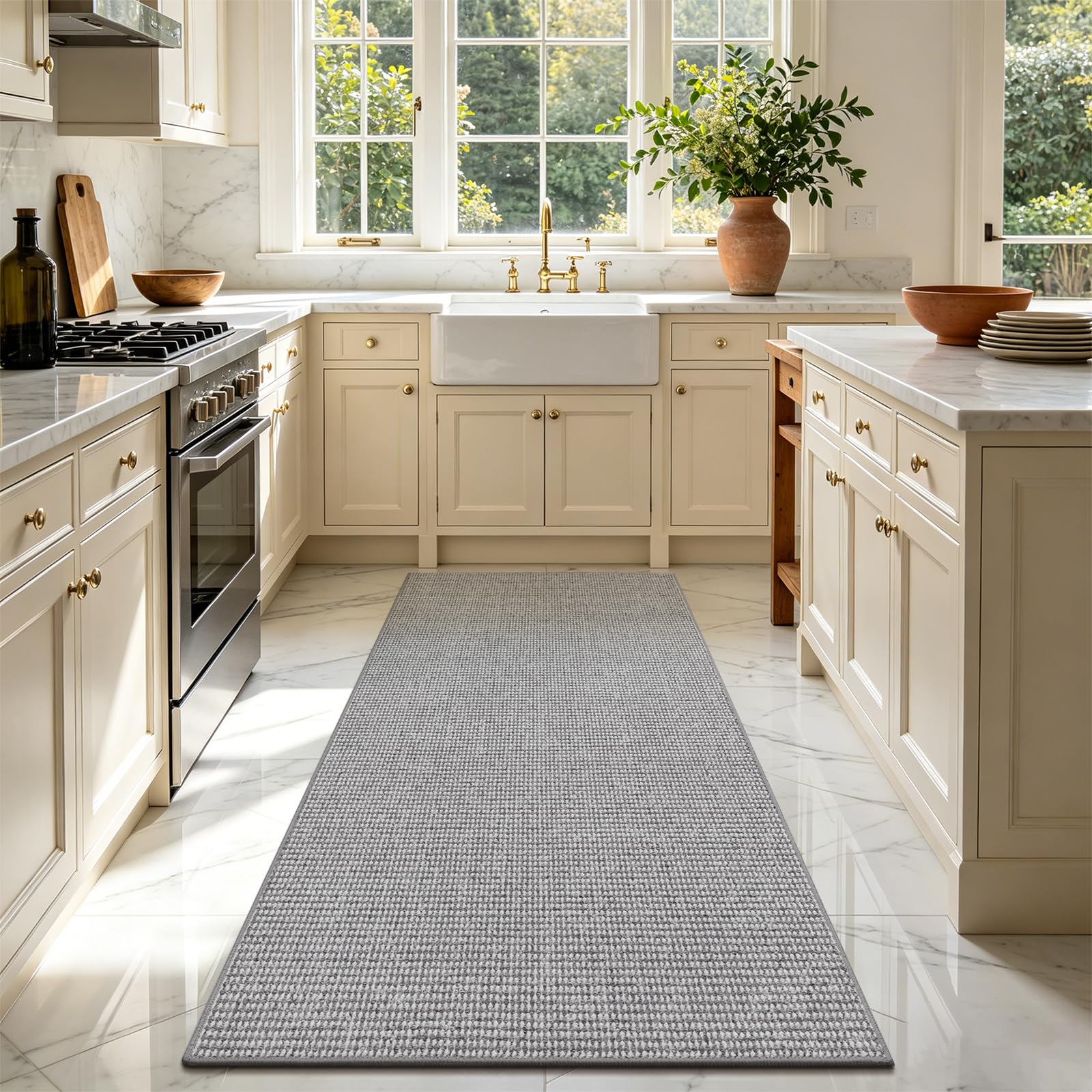 Enyhom Tappeto Corridoio Lungo 80 x 200cm, Assorbente Tappeto Cucina Antiscivolo Lavabile Passatoia Corridoio, Passatoia Cucina Tappeti Runner per Ingresso Lavanderia, Grigio + Bianco