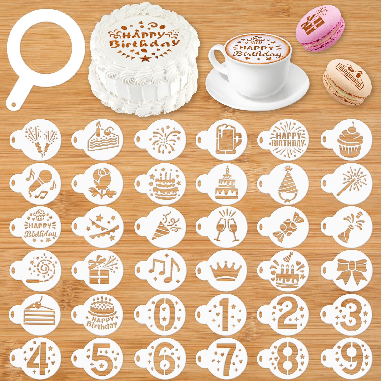 MWOOT 36 Pieces Birthday Coffee Stencils, Reusable Cookie Cake Painting Template, Latte Art Baking Decorating Cookie Stencils Mold Tool for DIY Craft