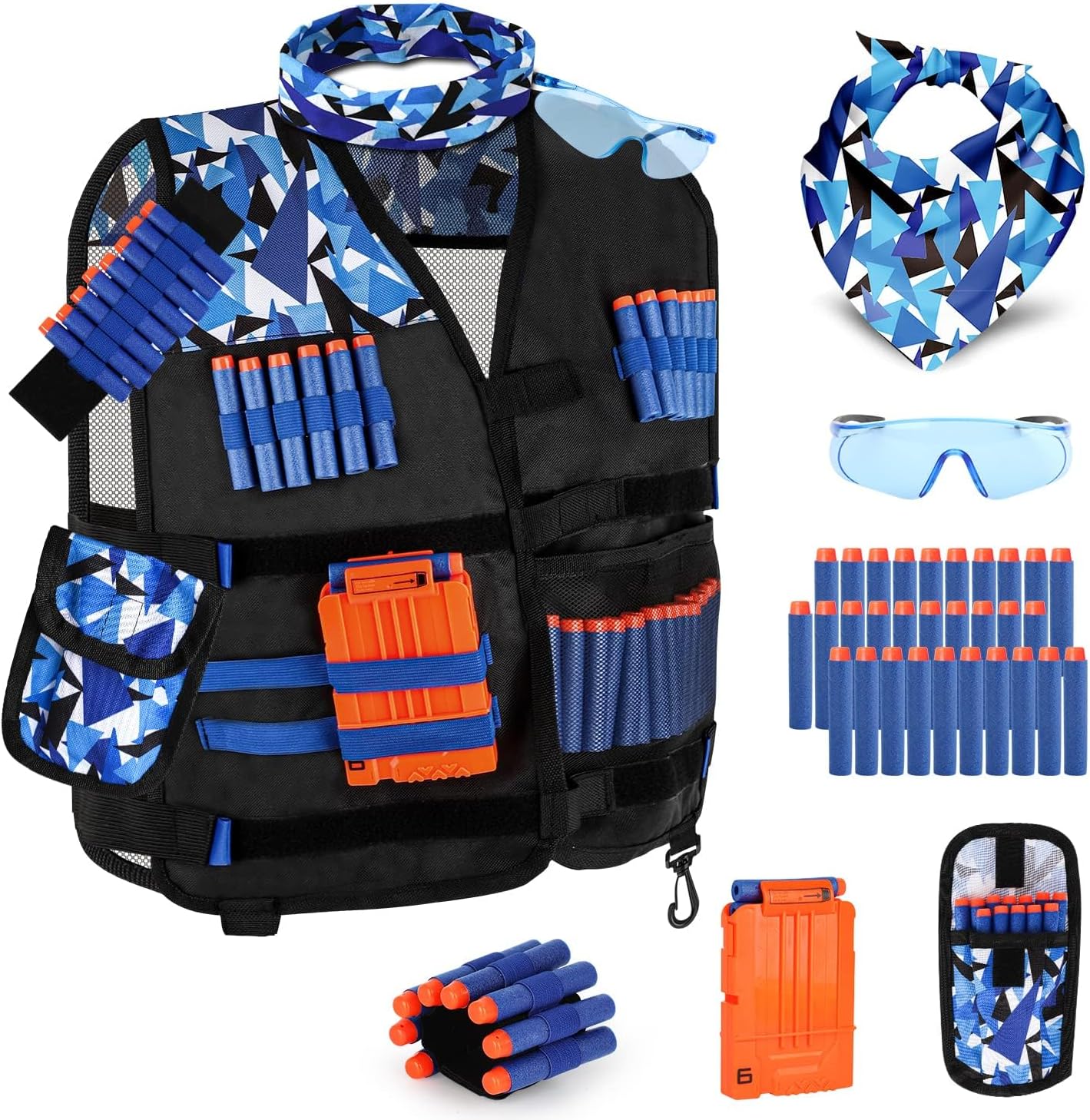 Lehoo Castle 2PACK Kids Tactical Vest Kit for Nerf Guns N-Strike Elite Series for Boys Girls, with 60 Refill Darts, Dart Pouch, Tactical Mask, Reload Clips, Protective Glasses (Blue+Green)