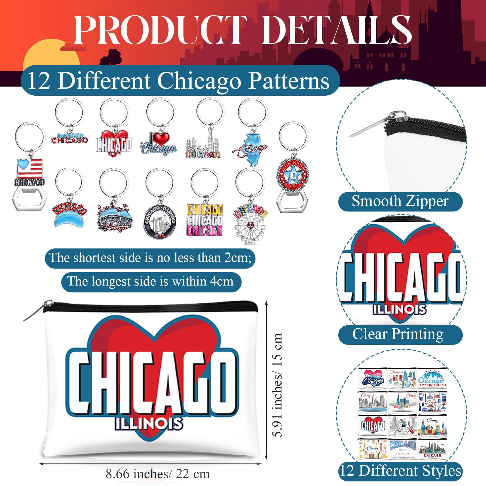 Reginary 24 Pcs State Souvenir Gifts 12 Metal Keychain 12 Cosmetic Bag USA Souvenir Themed Gifts for Traveler Christmas Party(Chicago)