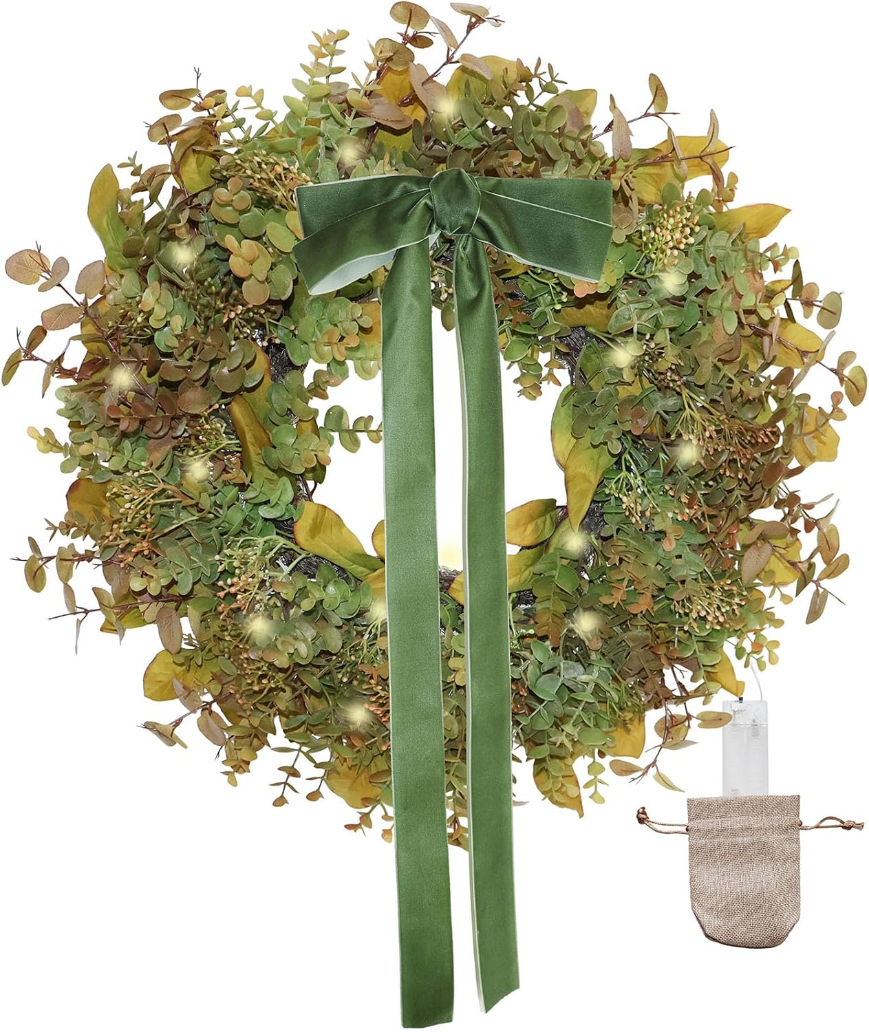 24 Inch Pre-Lit Boxwood Fall & Winter Wreath for Front Door Porch