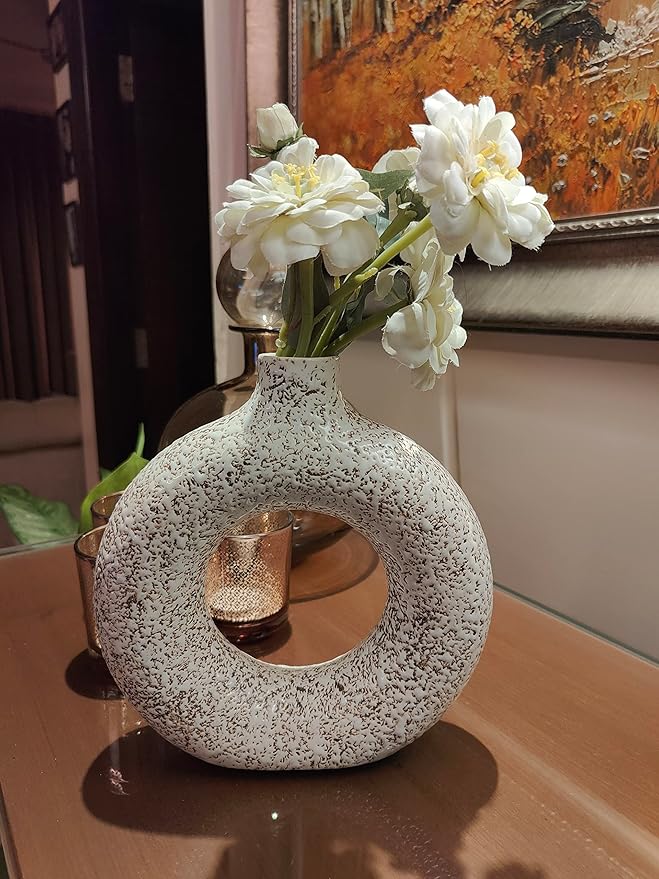 Buy Bumbleberry Designer White Donut Vase with Brown Engraved Texture