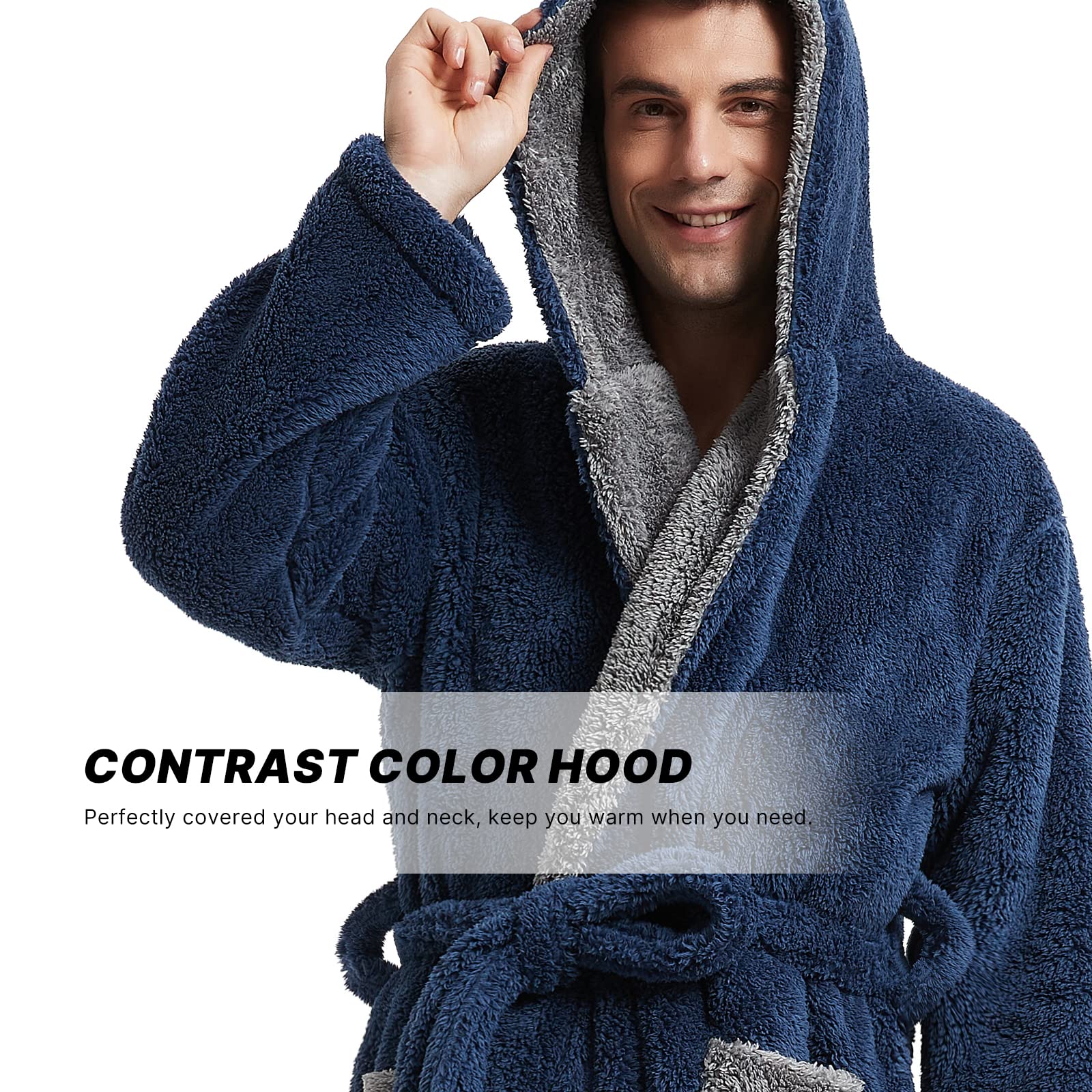 Akakios Men's Soft Plush Fleece Robe with Hood - Full Length Luxury Bathrobe with Pockets, Big and Tall Bath Robe for Men, Navy Blue, Large 1