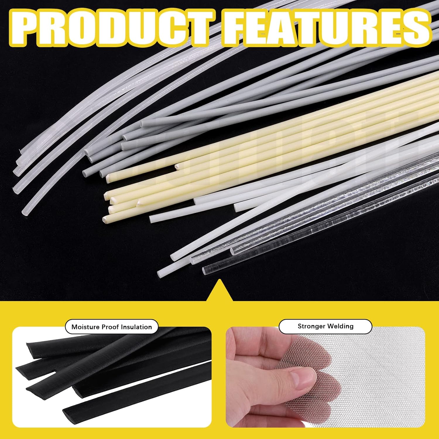 75Pcs 13" Plastic Welding Rods Assorted Set with Stainless Steel Mesh, 8 Types PP PU ABS PE TPO PA PC Plastic Welder Repair Rods Welding Strips for Auto Car Bumpers Kayak Repairs