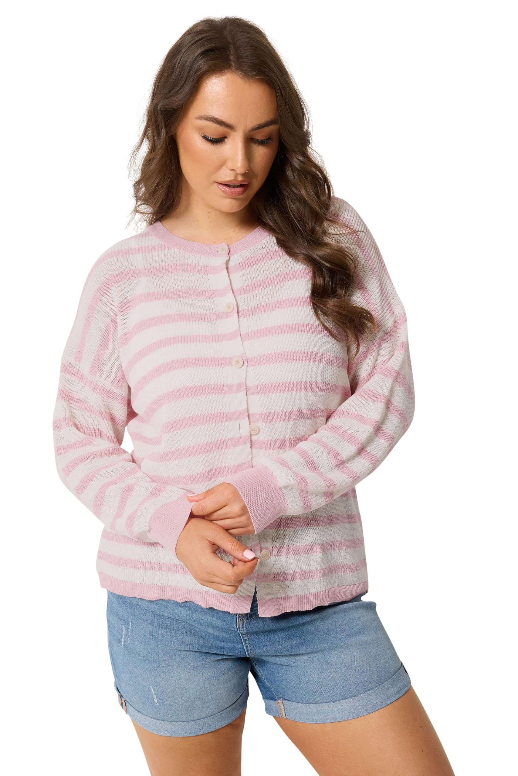 Yours Women's Stripe Knitted Cardigan Sweater in Baby Pink | Size: 22-24