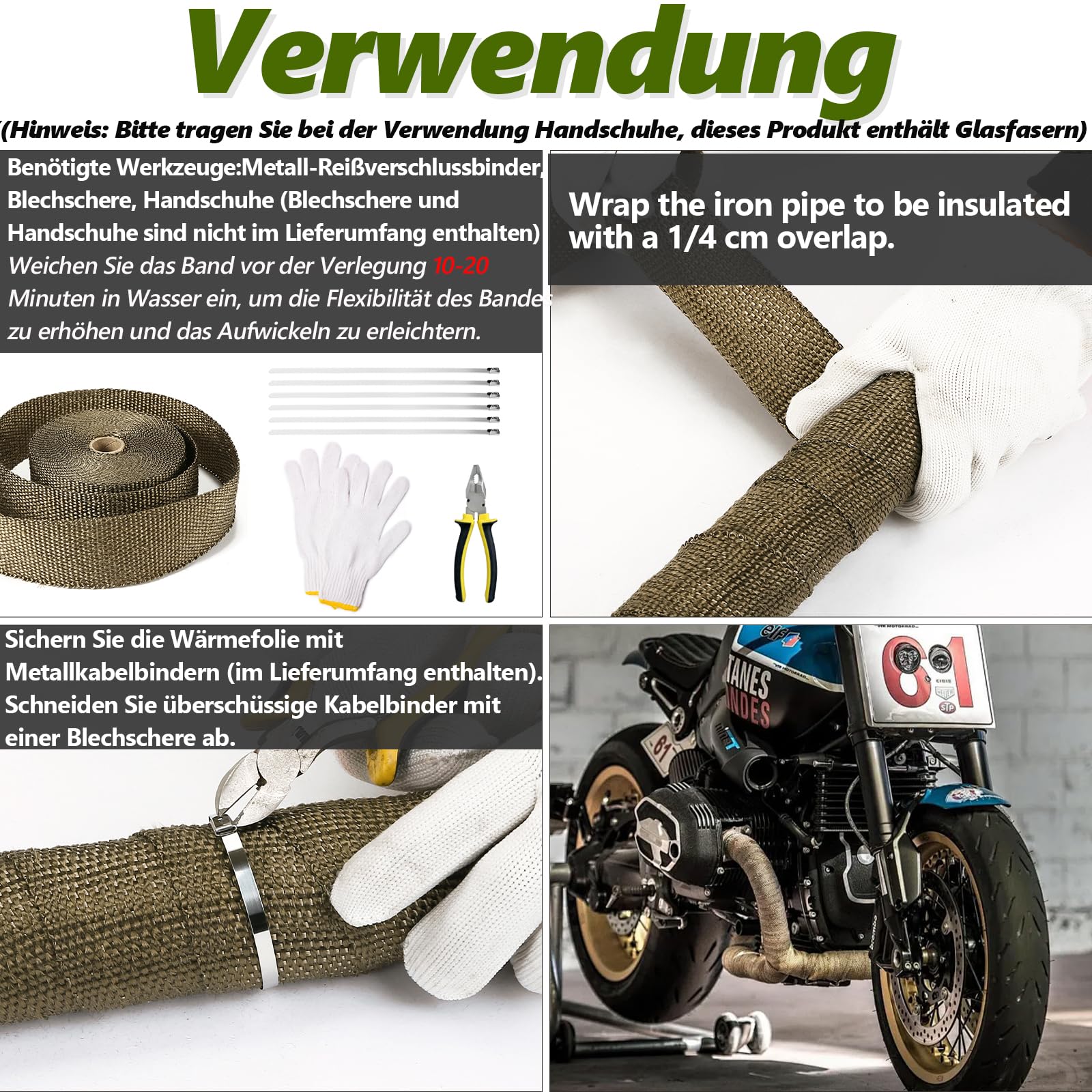 LIHAO Nastro Termico Isolante in Fibra di Vetro, Lunghezza 10 metri per Vano Motore Tubi di Scarico + Kit di 4 Asticelle