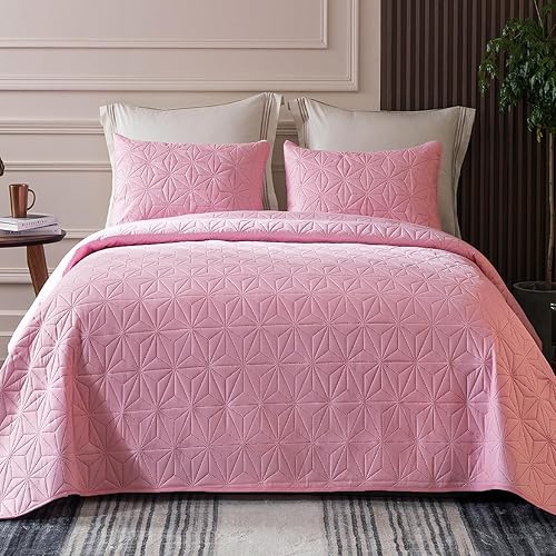 Whale Flotilla Twin Quilt Bedding Set, Soft Pink Bedspreads Quilts Twin XL Size for All Seasons, 2 Pieces Lightweight Geometric Star Pattern Coverlet