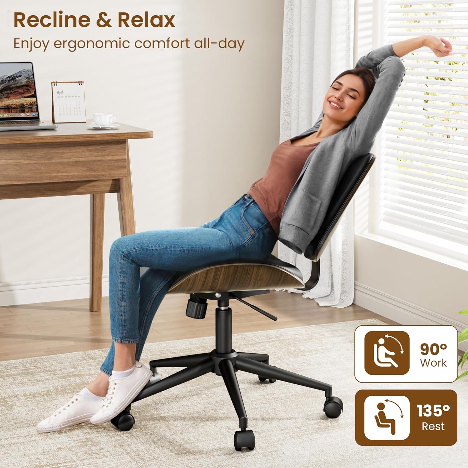 REONEY Home Armless Office Chair with Wheels, Modern Walnut Armless Desk Chair, Adjustable Swivel Rolling Task Chair with Curved Back for Small Space, Reading, Meeting Room, Black