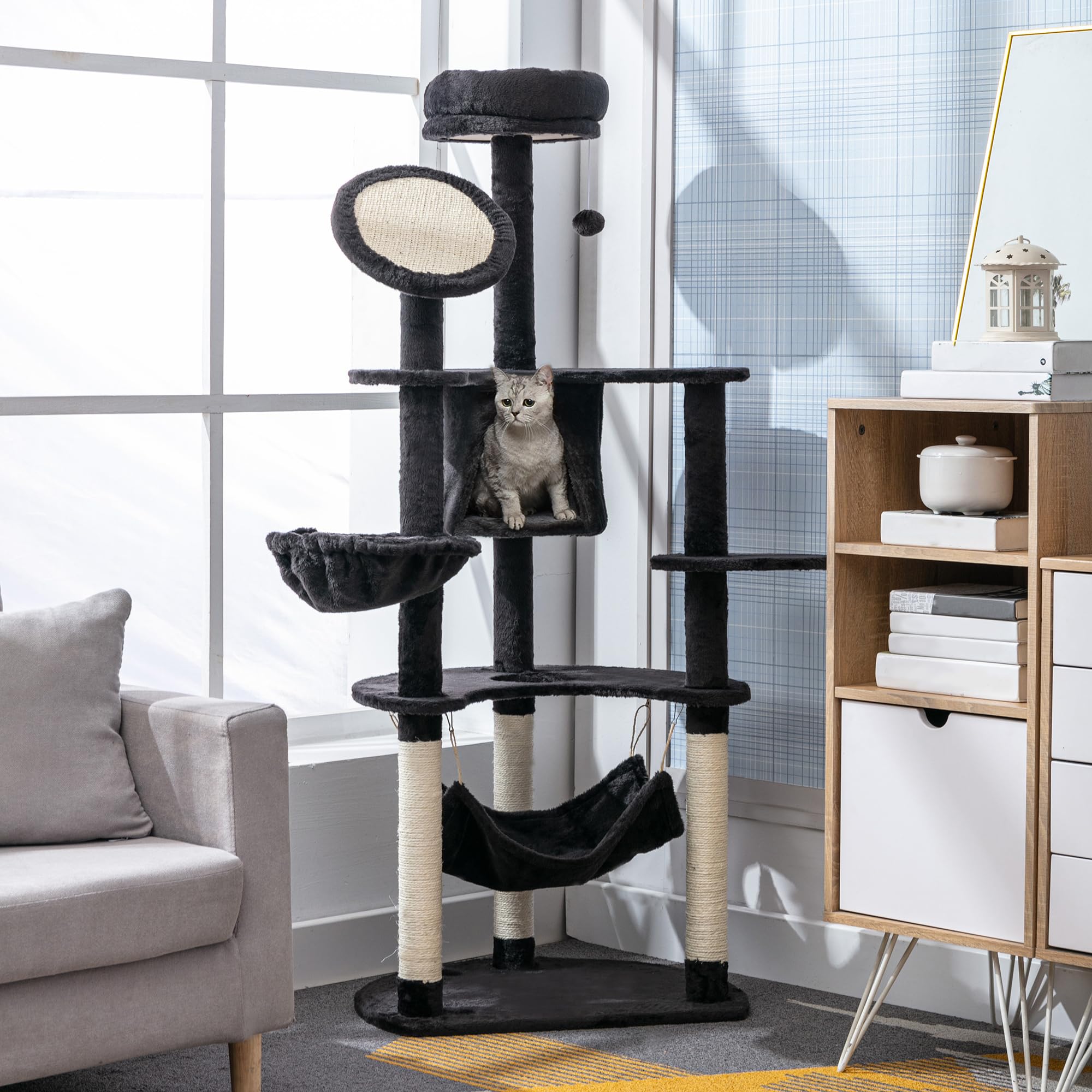 PawHut Árbol Rascador para Gatos Grande Torre 65x50x153 cm Gris Oscuro | Torre para Gatos, Centro de Actividades, Múltiples Plataforma, Poste, Hamaca, Bolas de Juguete, Cueva