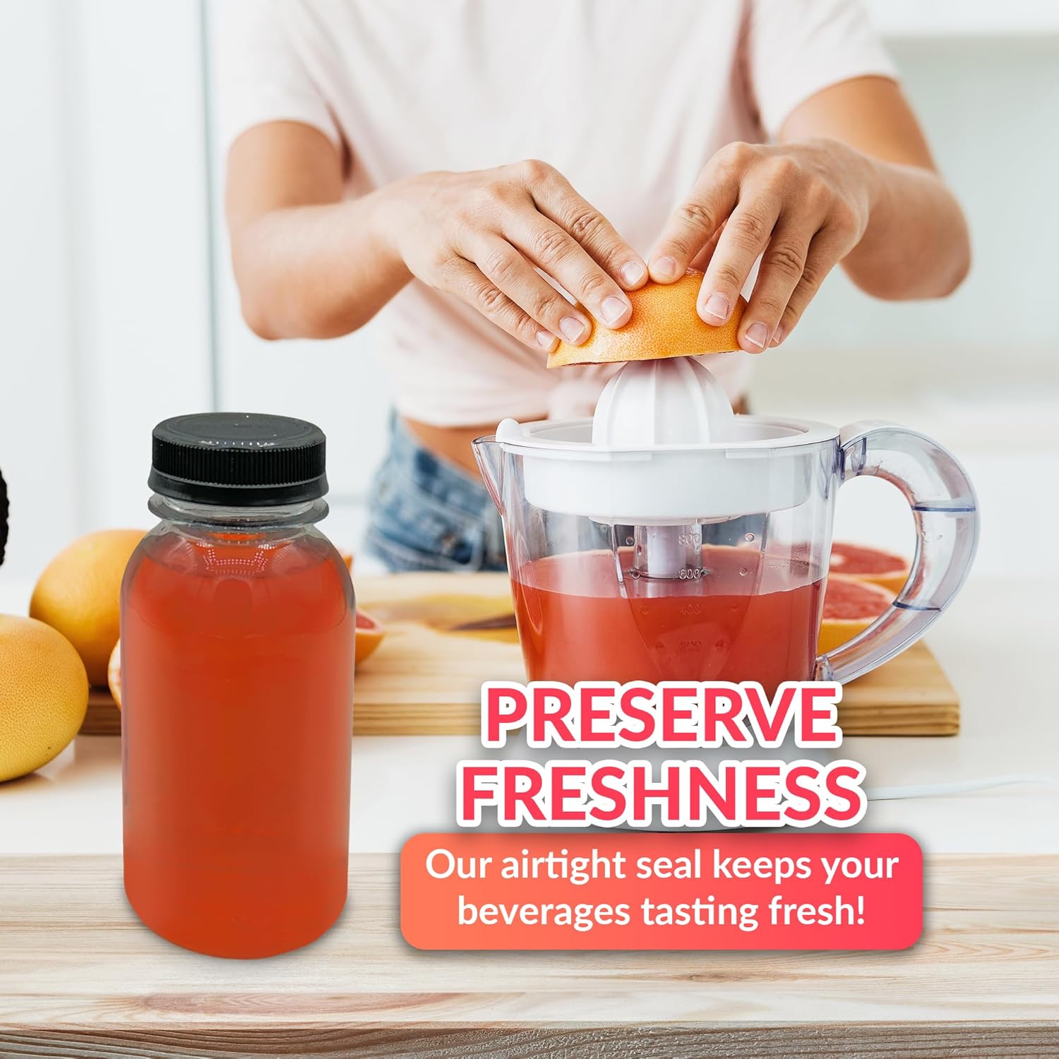 Reli. Plastic Juice Bottles [42 Pack Bulk] [8 oz] Round Plastic Juice Bottles with Caps & Sticker Labels | Clear, Empty for Juicing 8oz | Disposable, Reusable Containers for Juicing, Smoothies