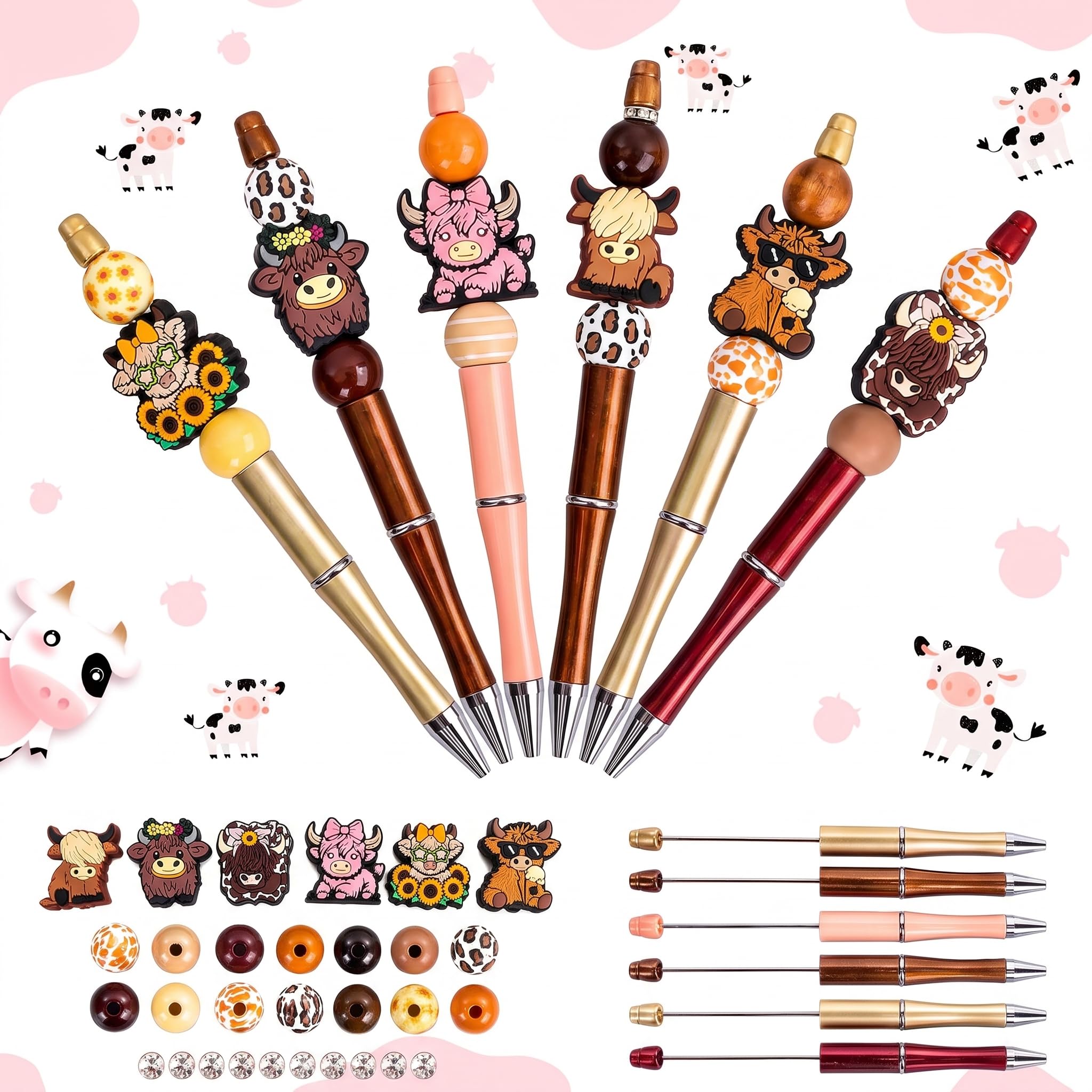YCDKK Highland Cow Gifts for Women, 6 Pack DIY Beaded Ballpoint Pens with 3D Silicone Cow Charms, Cute Farm Animal Novelty Stationery Set for Christmas, Birthday & Secret Santa