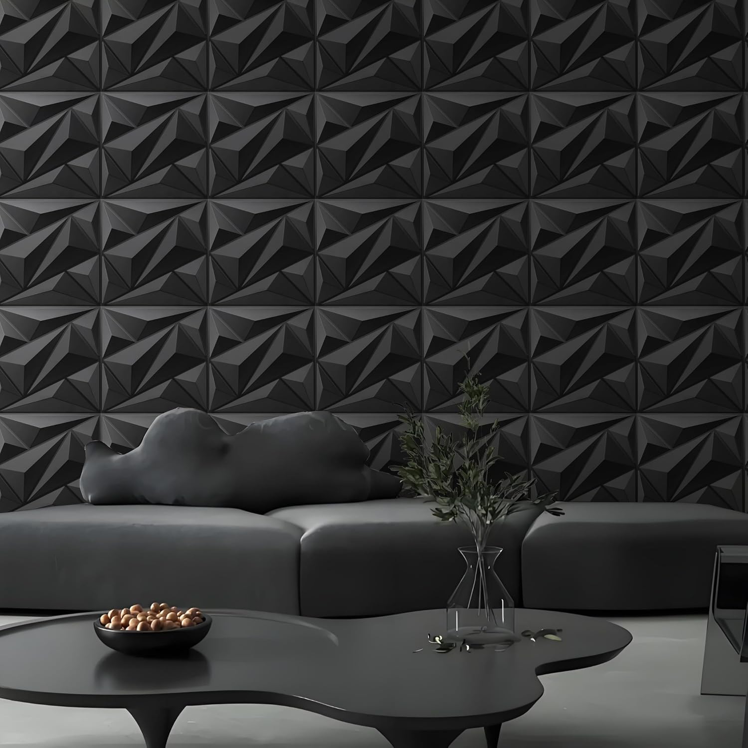 AMIGO 20 Pieces of 3D Diamond PVC Wall Panels for Interior Wall Decoration, Suitable for Living Rooms, Bedrooms, Hotels, and Offices. Matte Black Finish, Measuring 12×12 inches.