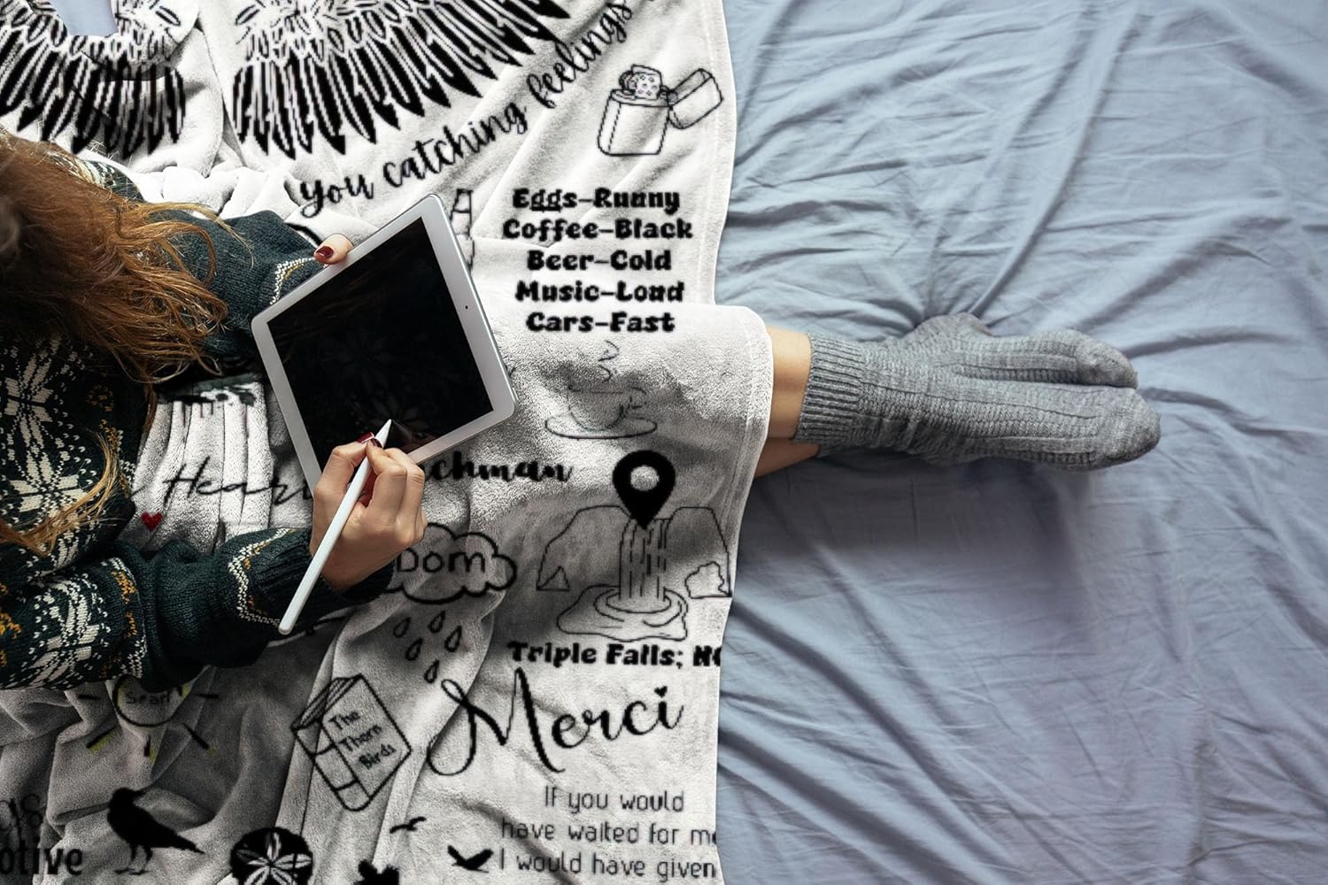 Allenjoy Black and White Sketches Blanket Car and Wing Graphics Throw Blankets Couch Bed Living Room Decor Soft Durable Washable 57" X 50" SC00718-004
