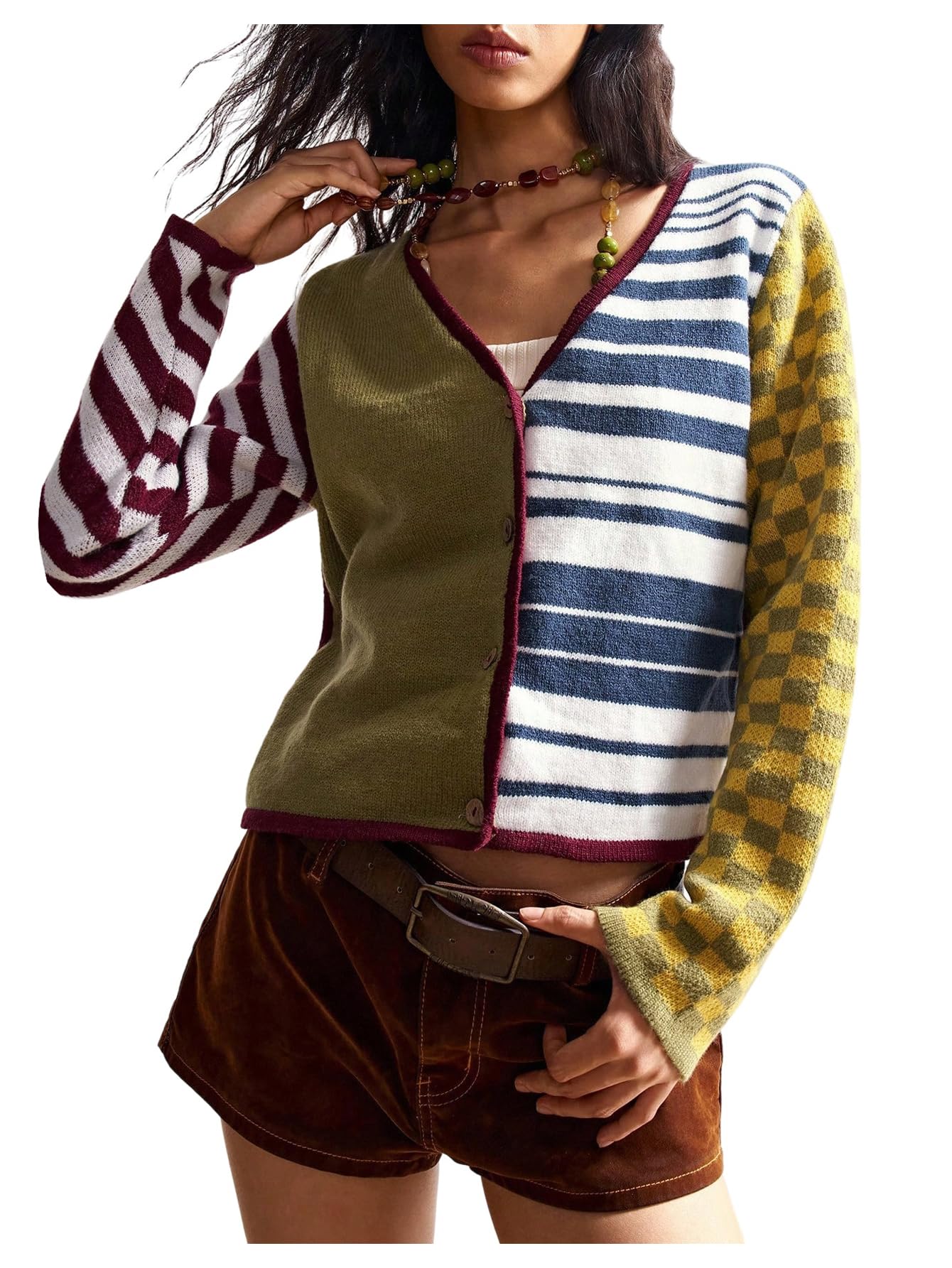 MakeMeChic Womens Y2K Fall Cardigan Striped Plaid Print Sweater V Neck Long Sleeve Button Down Sweater