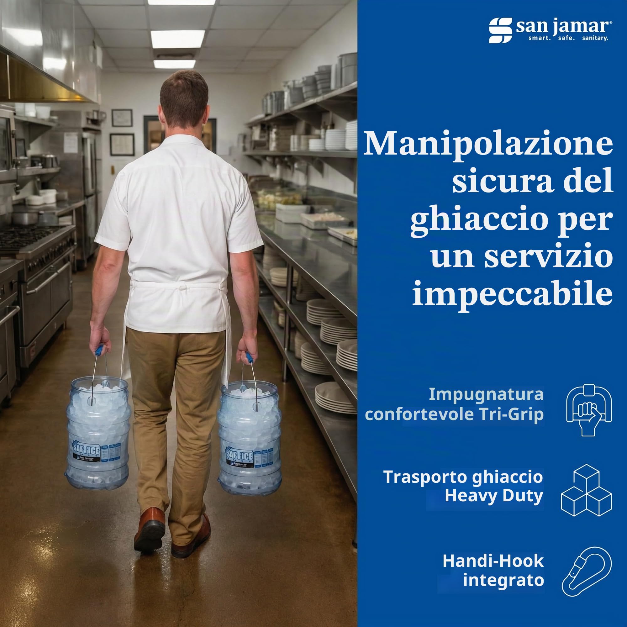 San Jamar Saf-T-Ice - Sacchetti per ghiaccio con gancio per macchina per il ghiaccio per bar, ristoranti, cucine e fast food, 18 litri, colore: blu