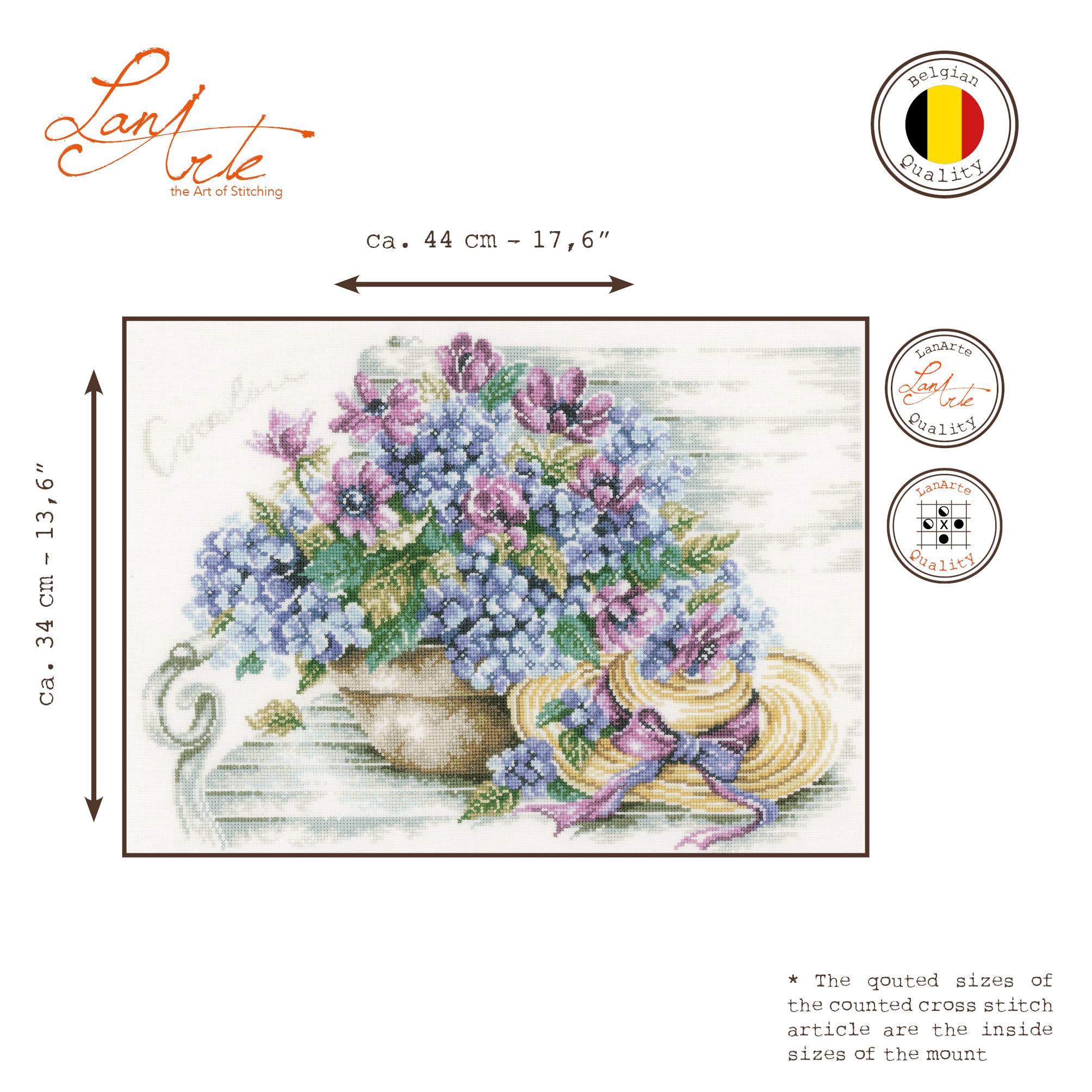 Lanarte Kreuzstich Stickpackungen Gezählter Kreuzstichbilder Set HORTENSIEN/BANK Wanddekoration Handarbeit Set für Erwachsene 44 x 34 cm DIY Deko Bastelset Handwerker Kreative Geschenkset