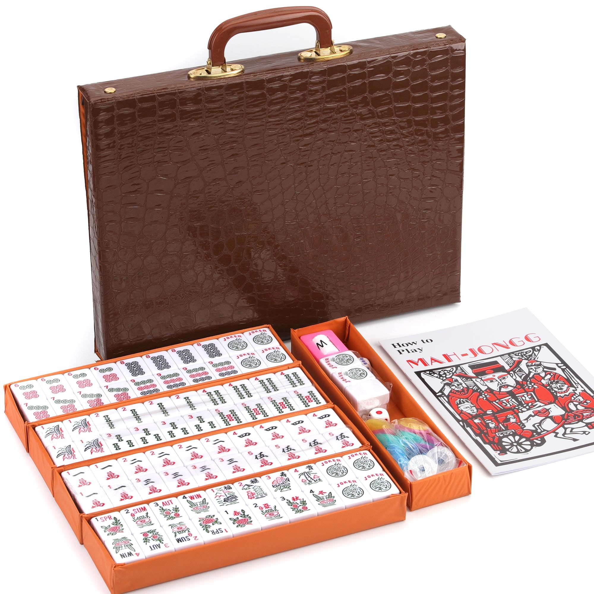 American Mahjong Game Set 166 White Engraved Tiles for Western Mah Jong, Mah jongg Play with Traveler Size Carrying Case, Dices, Chips, Manual,Wind indicator - Racks and Pushers not included