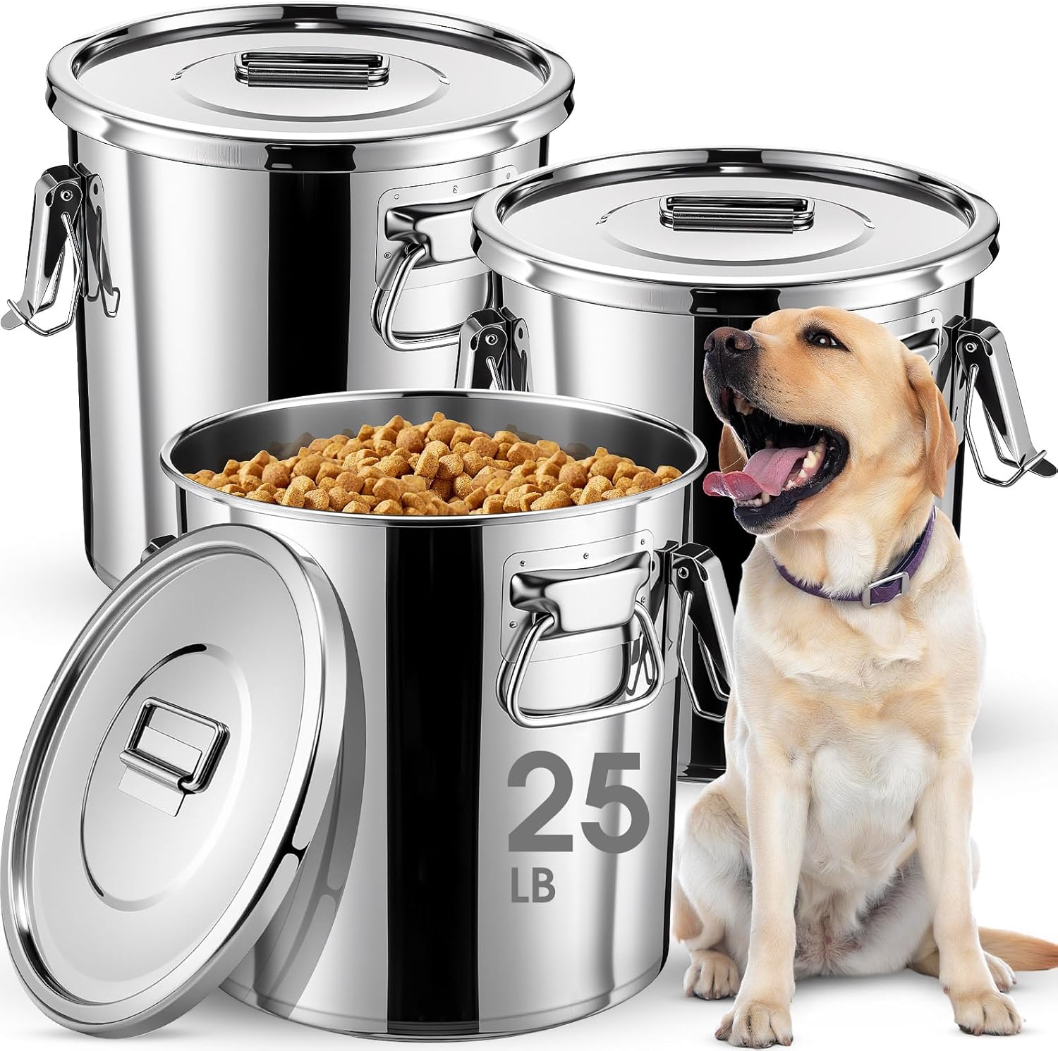 Maxdot 3 Pcs 12l Stainless Steel Dog Food Storage Container with Airtight Lid and Handle Large Metal Dog Food Bins for Dogs Cats, Keep Fresh, Easy to Clean