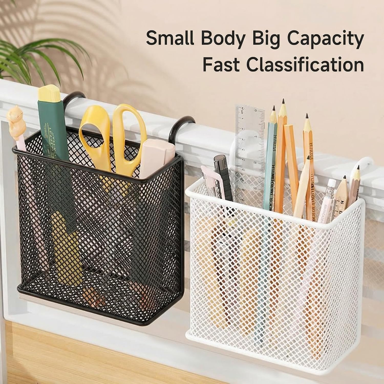 Metal striped cup with hook and loop, pencil cartridge, wall organizer, craft accessories, garage, home, office storage (black/white, square/round) (black2) image 2