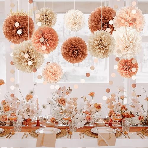 Miniatura 5 de Juego de decoración de boda para baby shower, 15 pompones de papel de seda marrón melocotón, lunares circulares coloridos guirnalda de papel para