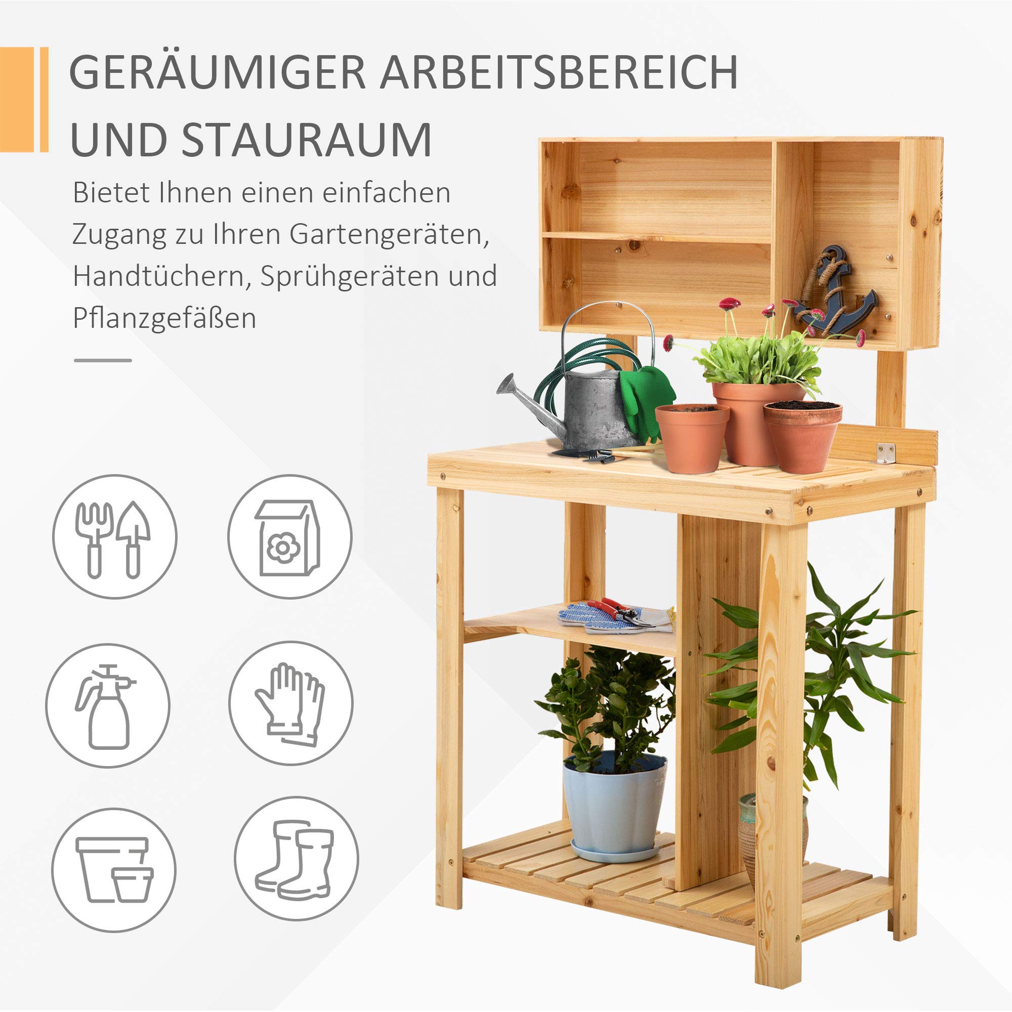 Outsunny Pflanztisch Gartenarbeitstisch für Garten Balkon und Terrasse, Gartentisch mit Ablage, Blumenregal Blumenständer aus Tannenholz, 80 x 43 x 136,5 cm, Natur