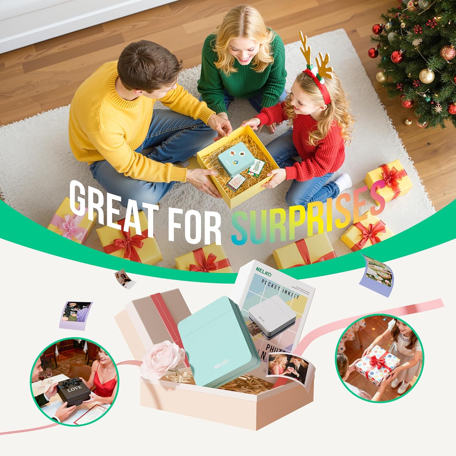 Nelko Photo Printer, PP01 Color Mini Portable Printer, Instant Smartphone Inkjet Printer, Sticky-Back Rechargeable Portable Picture Printer for iOS & Android, for Christmas Family, Green