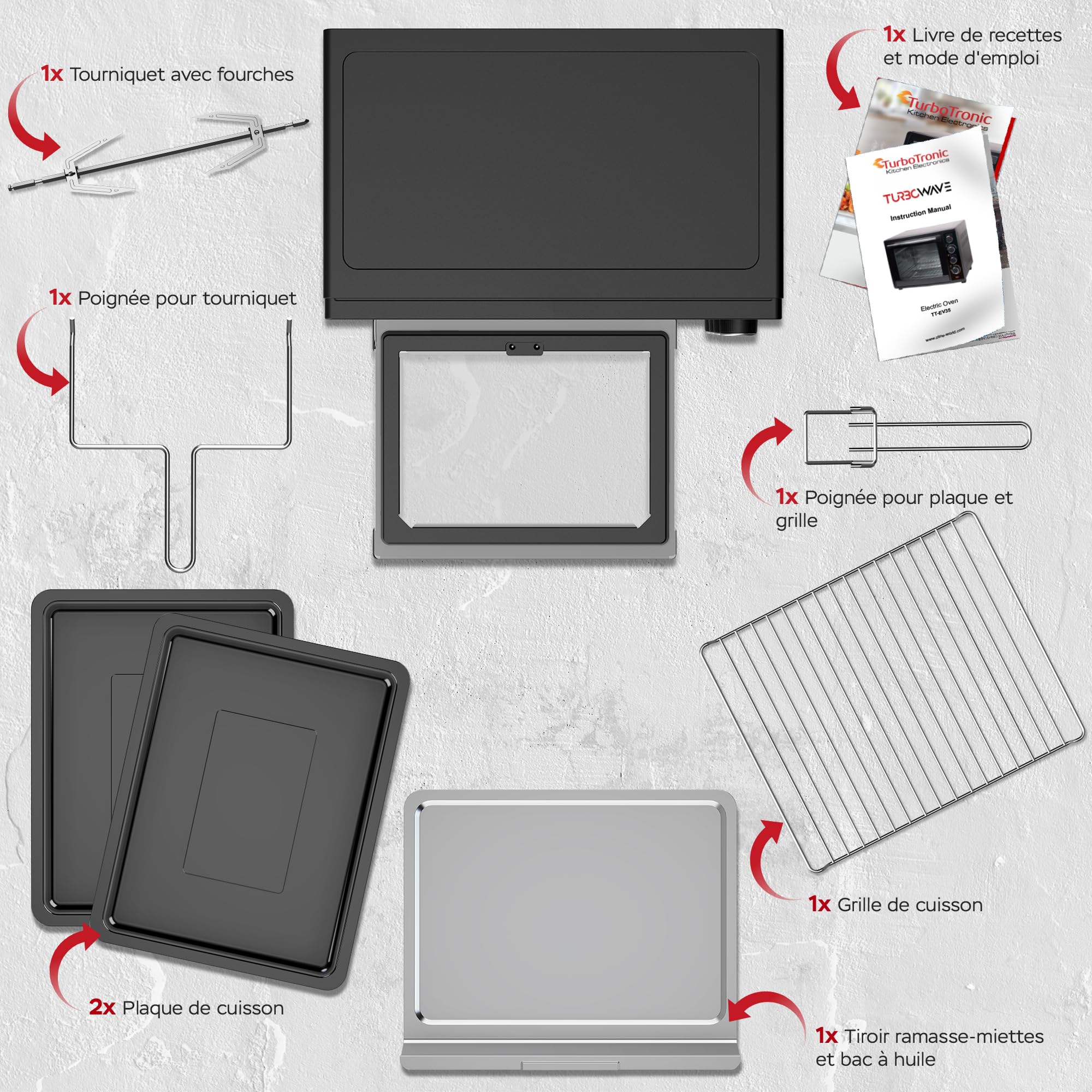 TurboTronic Mini Four à Convection avec Rôtissoire, 35L, 1600W – Four Compact Multifonctions Idéal pour Pizza, Camping et Cuisine Maison, Inclus 2 Plaques de Cuisson