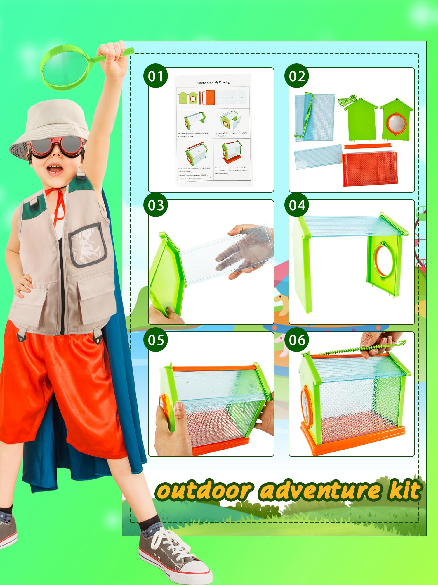 Flotory 17 Pcs Kids Explorer Costume Set Include 1 Adventure Vest 14 Bug Hunting Tools Kit1 Hat 1 Green Binoculars for Boys Girls Outdoor Educational Jungle Safari - Image 3