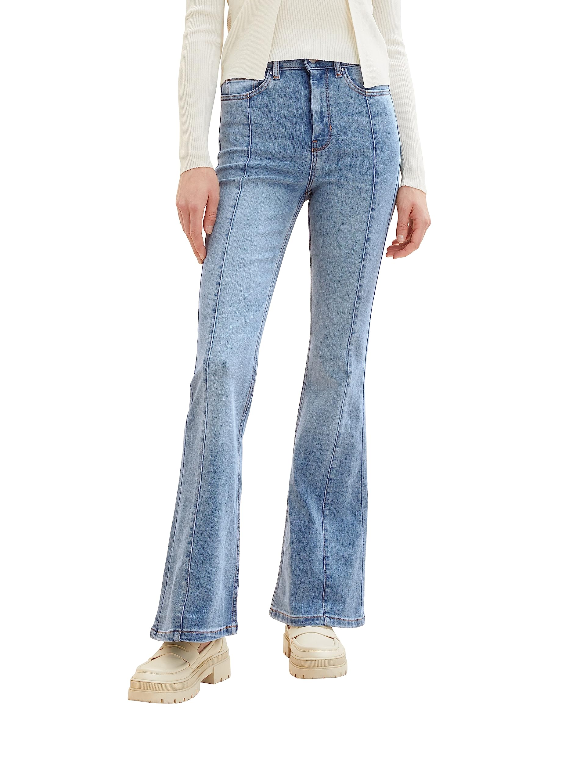 TOM TAILOR Denim Women's Slim Fit Jeans with Flare and Decorative Stitching, 10118 - Used Light Stone Blue Denim, 4