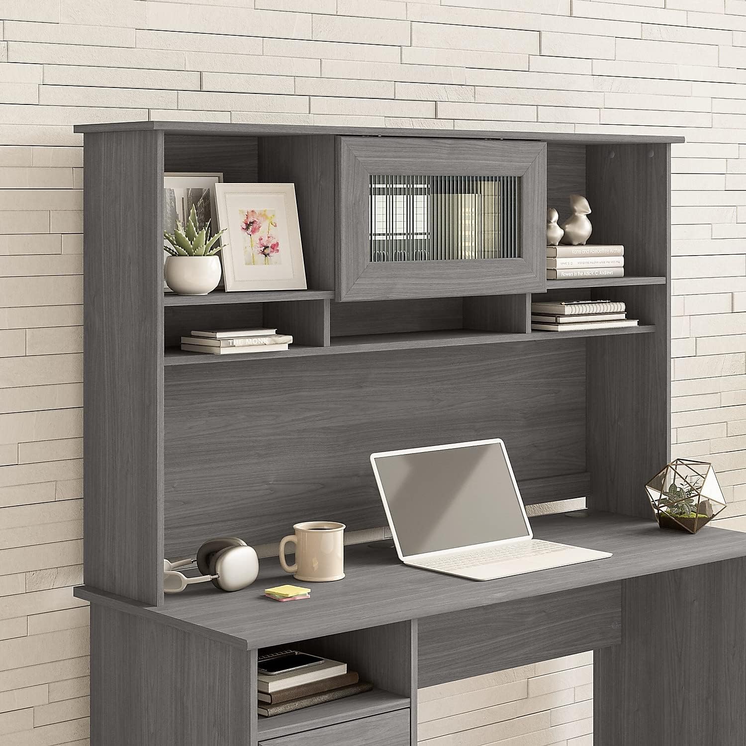 Bush Furniture Cabot 60W Hutch installed on a desk in a home office setting with a laptop and decor