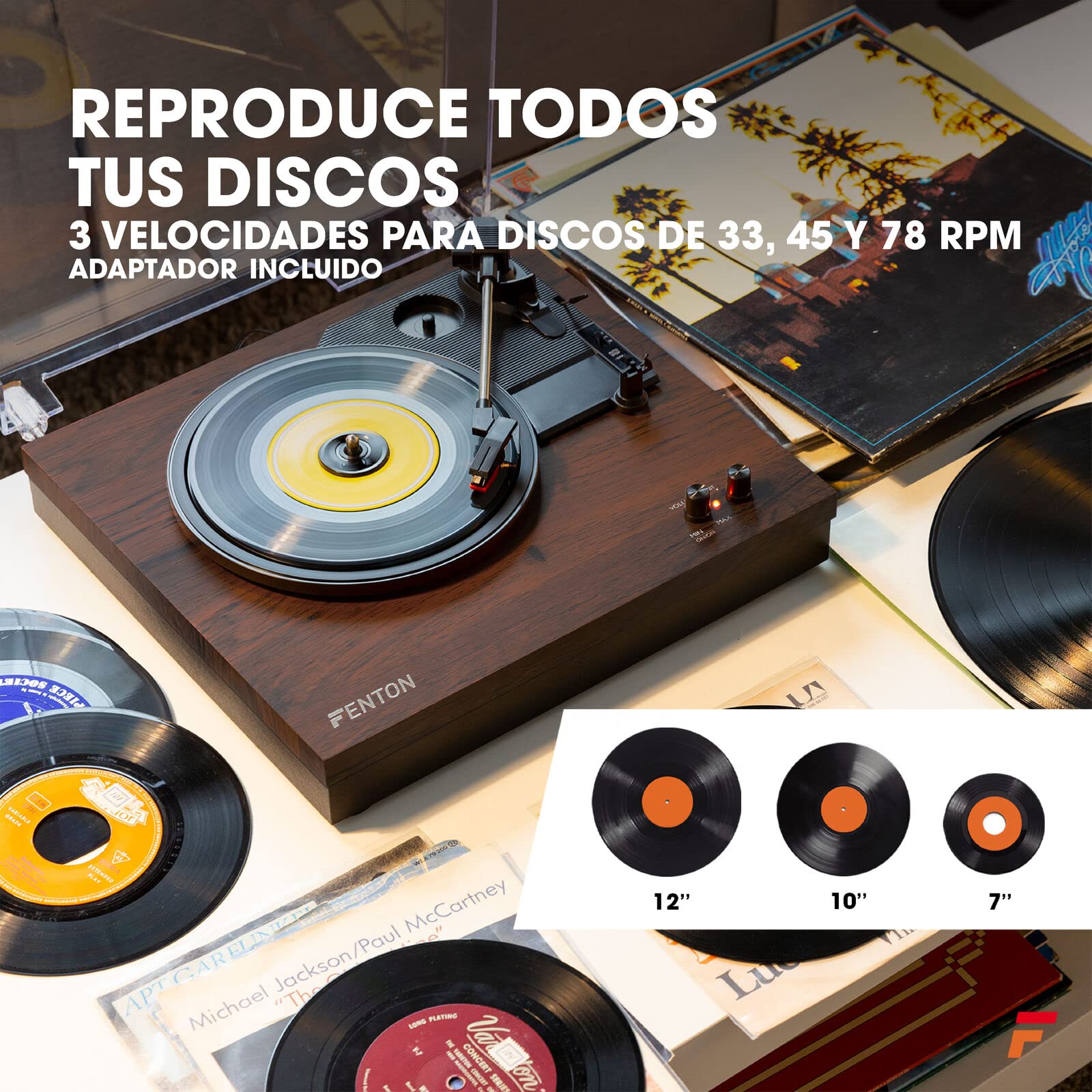 Fenton RP165D - Tocadiscos de Vinilo Bluetooth con 2 Altavoces Integrados, 3 velocidades 33, 45 y 78 RPM, Reproductor Discos de 7, 10 y 12 Pulgadas, Giradiscos Vinilo en Color Madera Oscura