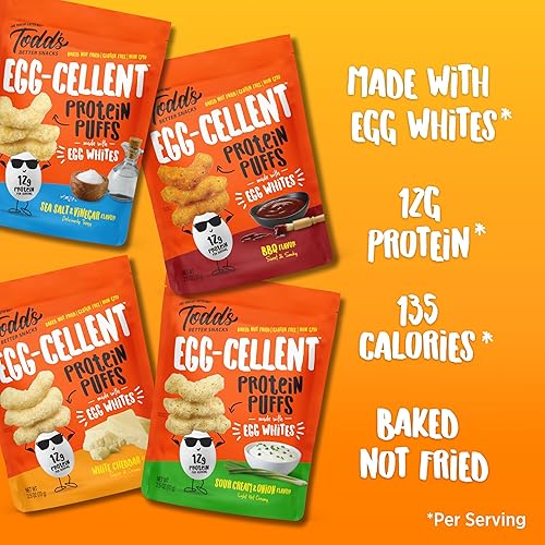 Miniatura 3 de Todd's Better Snacks Egg-Cellent Protein Puffs, paquete variado  0.42 oz de proteína, sin gluten, apto para paleo, horneado, sin maní, aperitivo