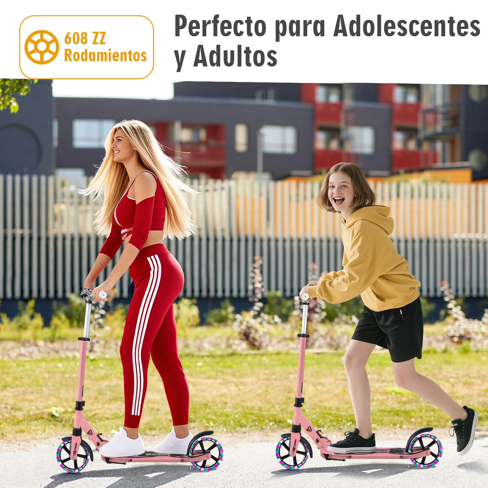 GYMAX Patinete con Luces LED, Monopatín Plegable con Manillar en T Ajustable en 3 Alturas, Sistema de Amortiguación, Patinete Infantil y Partir de 8 Años