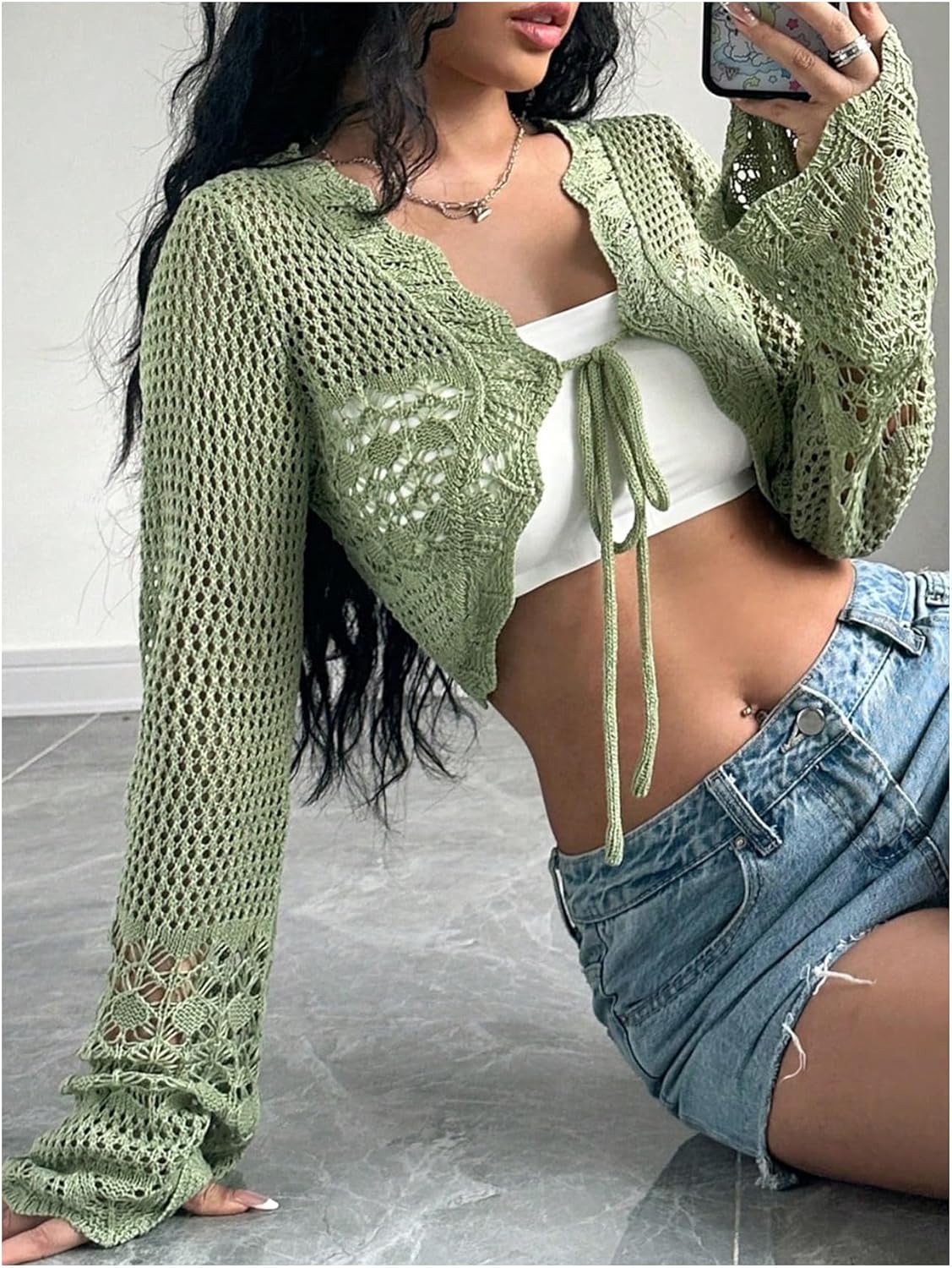 SHENHE Women's Hollow Out Tie Up Bell Sleeve Cropped Cardigan Sheer Crochet Shrug Bolero - Image 4